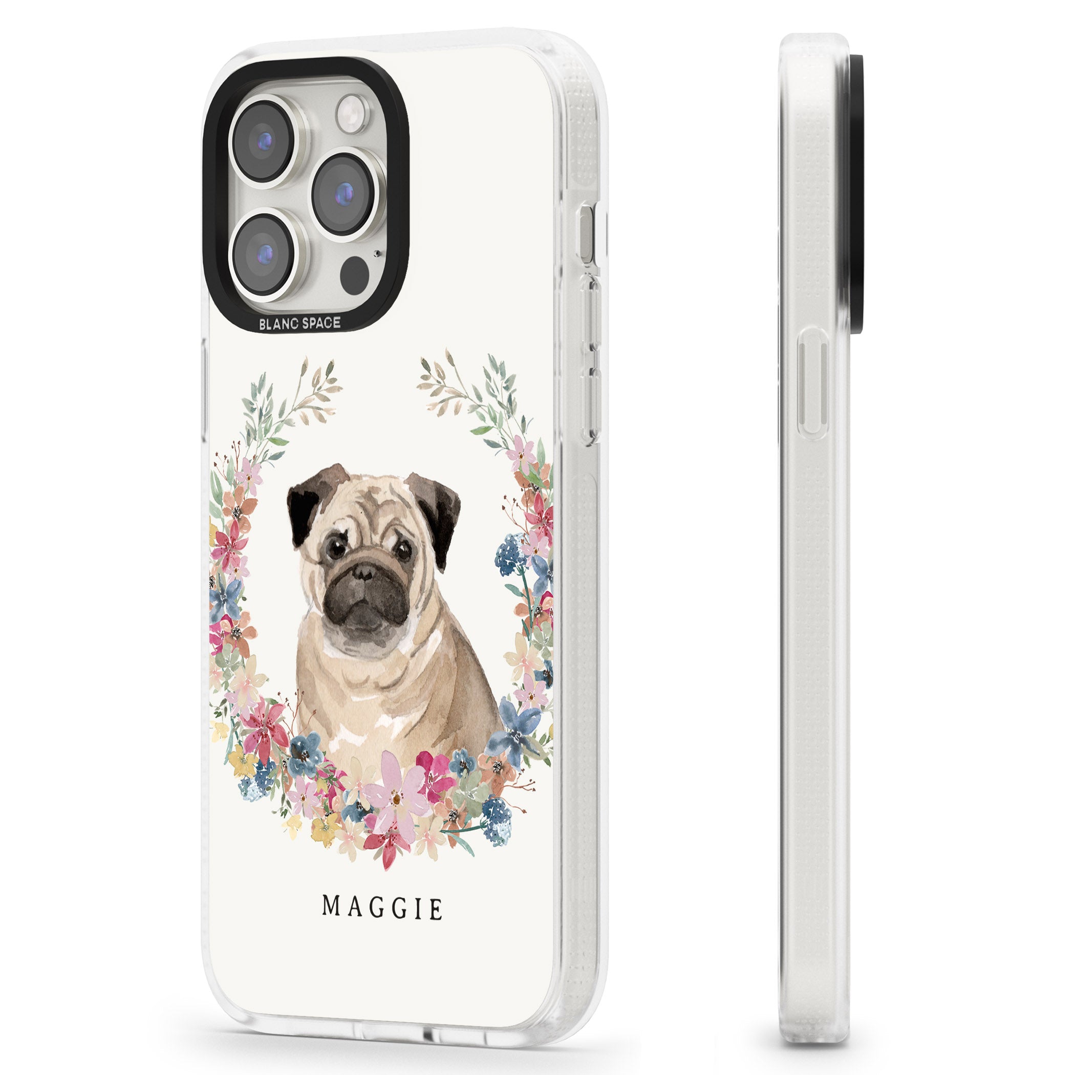 Personalised Pug - Watercolour Dog Portrait iPhone 15 Pro Max / 15 Pro / 14 Pro Max / 14 Pro / 13 Pro Clear Case Impact Air - Blanc Space