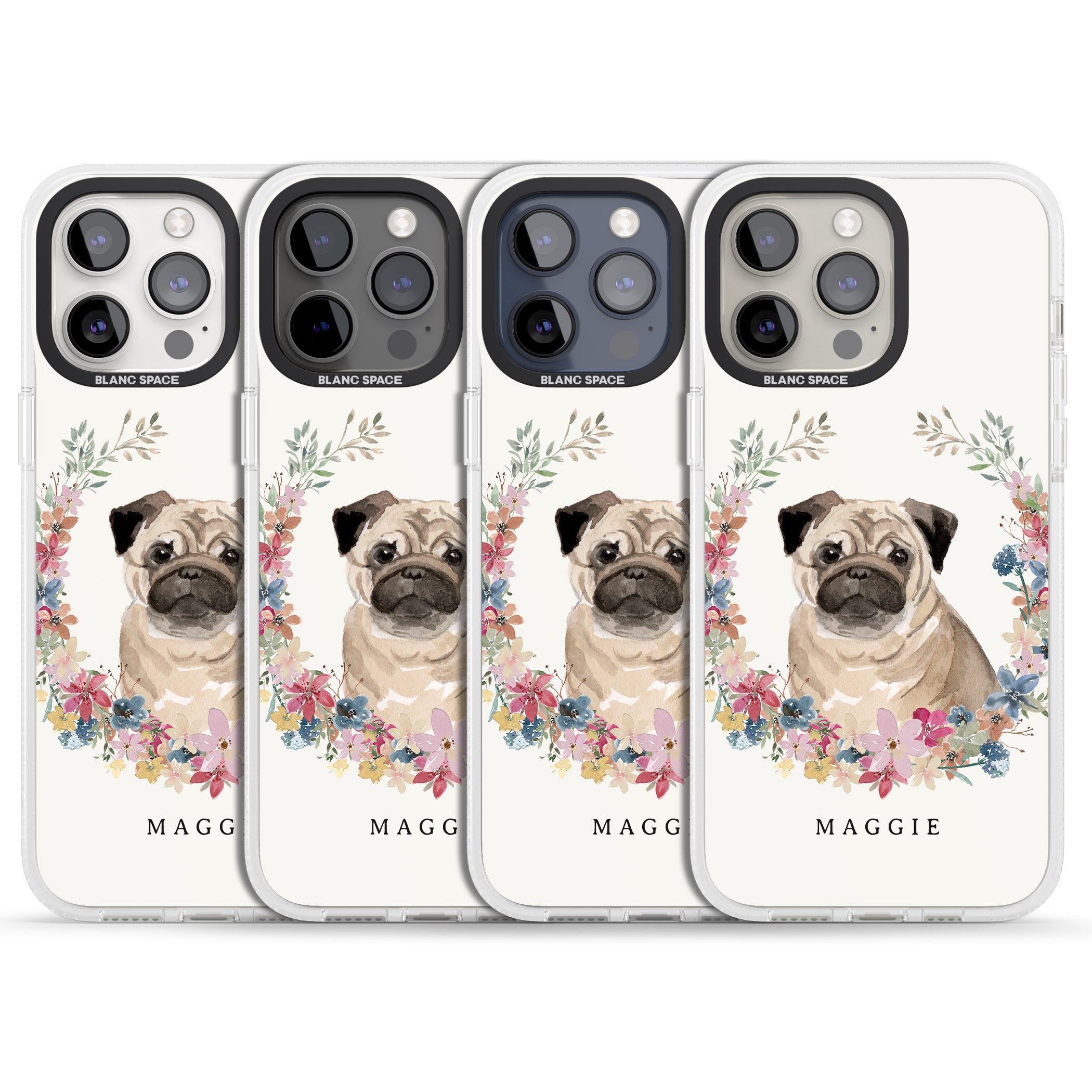 Personalised Pug - Watercolour Dog Portrait iPhone 15 Pro Max / 15 Pro / 14 Pro Max / 14 Pro / 13 Pro Clear Case Impact Air - Blanc Space