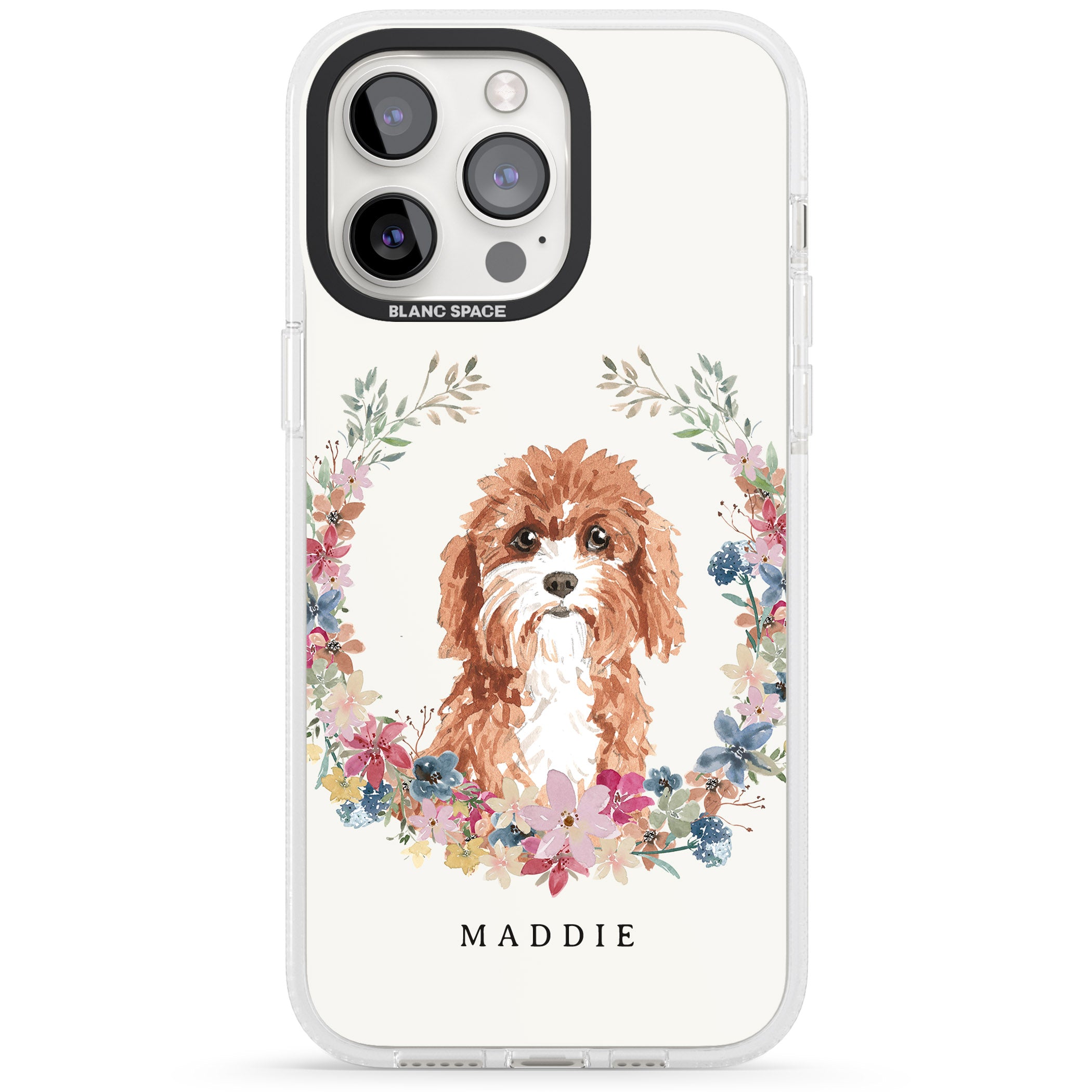 Personalised Cavapoo - Watercolour Dog Portrait iPhone 15 Pro Max / 15 Pro / 14 Pro Max / 14 Pro / 13 Pro Clear Case Impact Air - Blanc Space