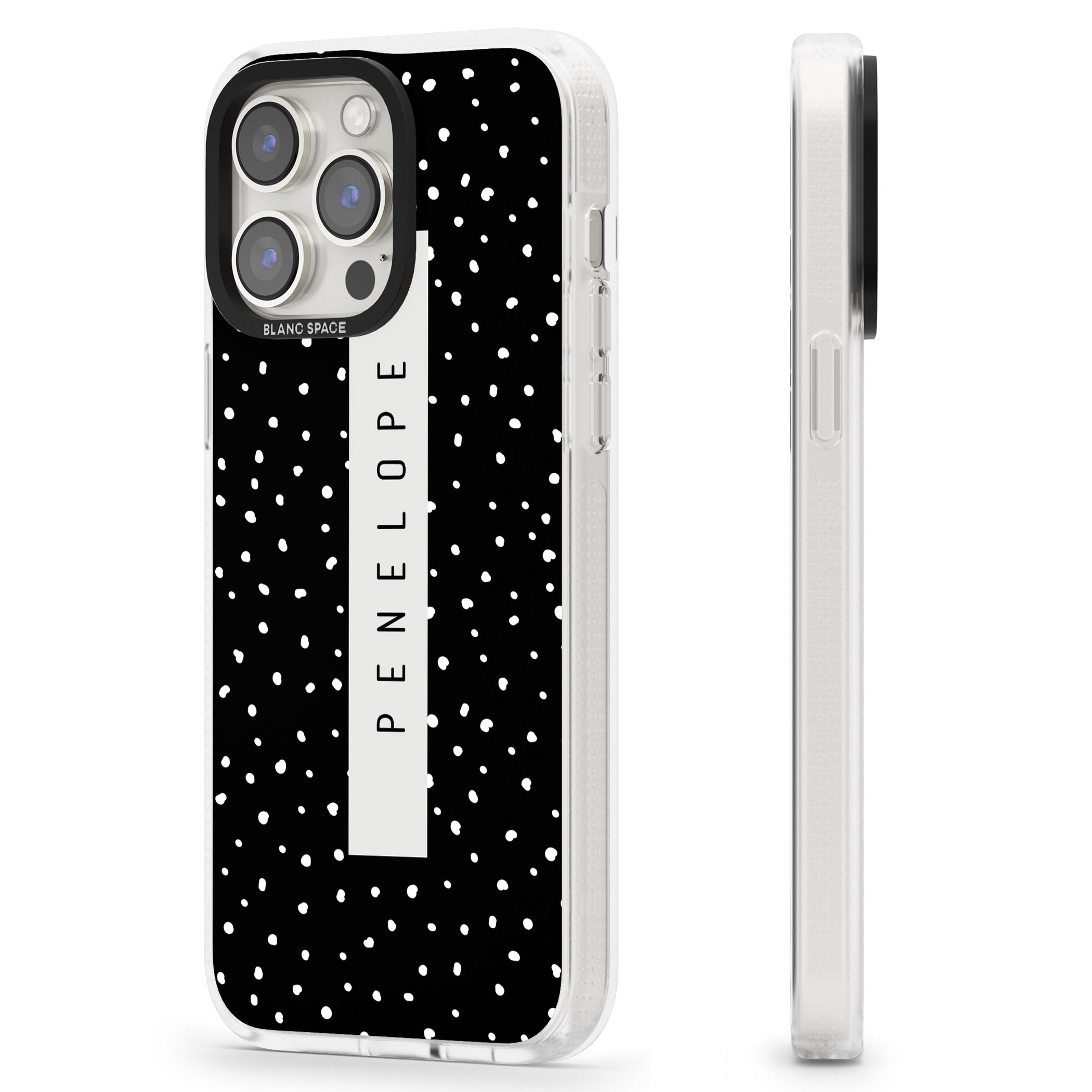 Personalised Black Dots iPhone 15 Pro Max / 15 Pro / 14 Pro Max / 14 Pro / 13 Pro Clear Case Impact Air - Blanc Space