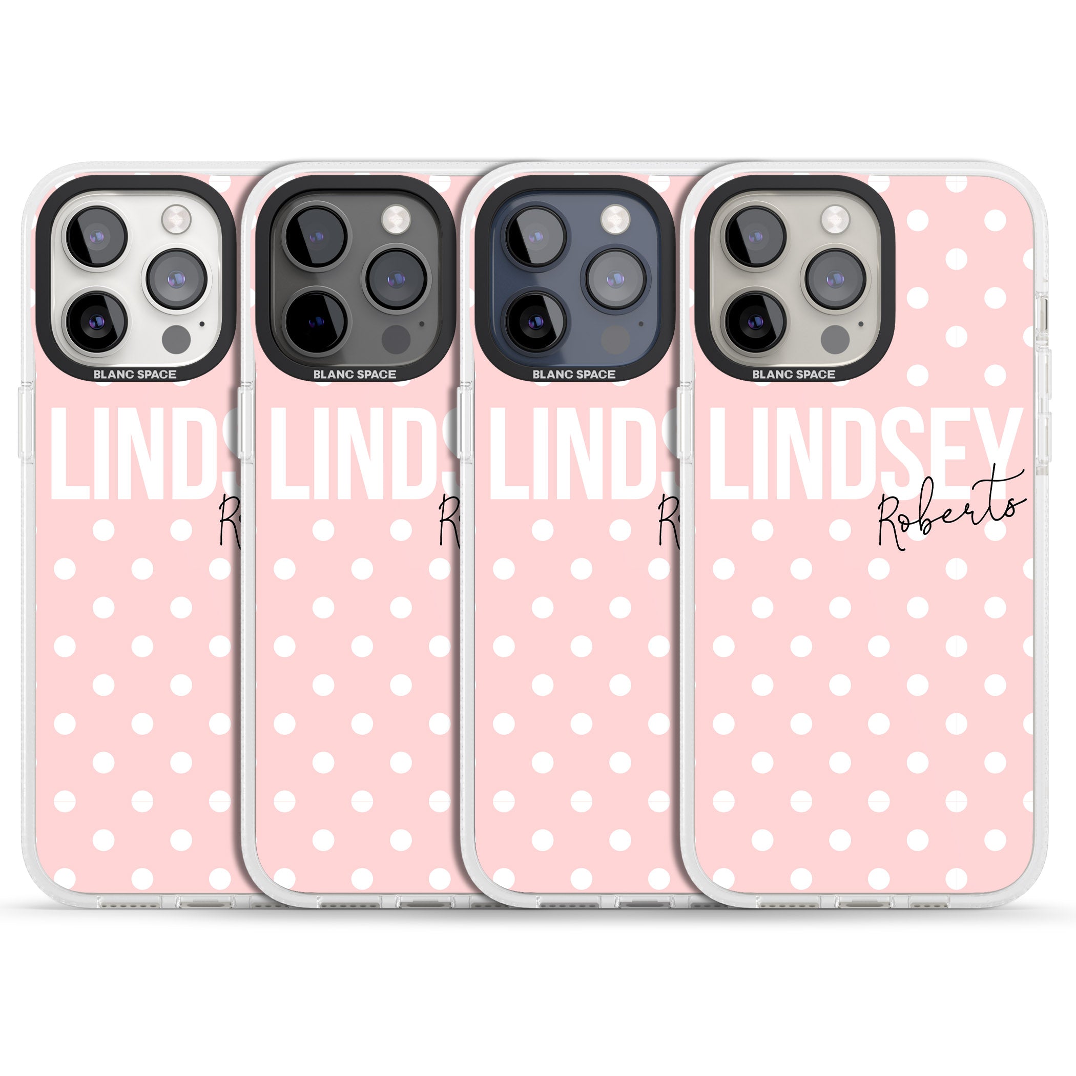 Personalised Pink Polka iPhone 15 Pro Max / 15 Pro / 14 Pro Max / 14 Pro / 13 Pro Clear Case Impact Air - Blanc Space