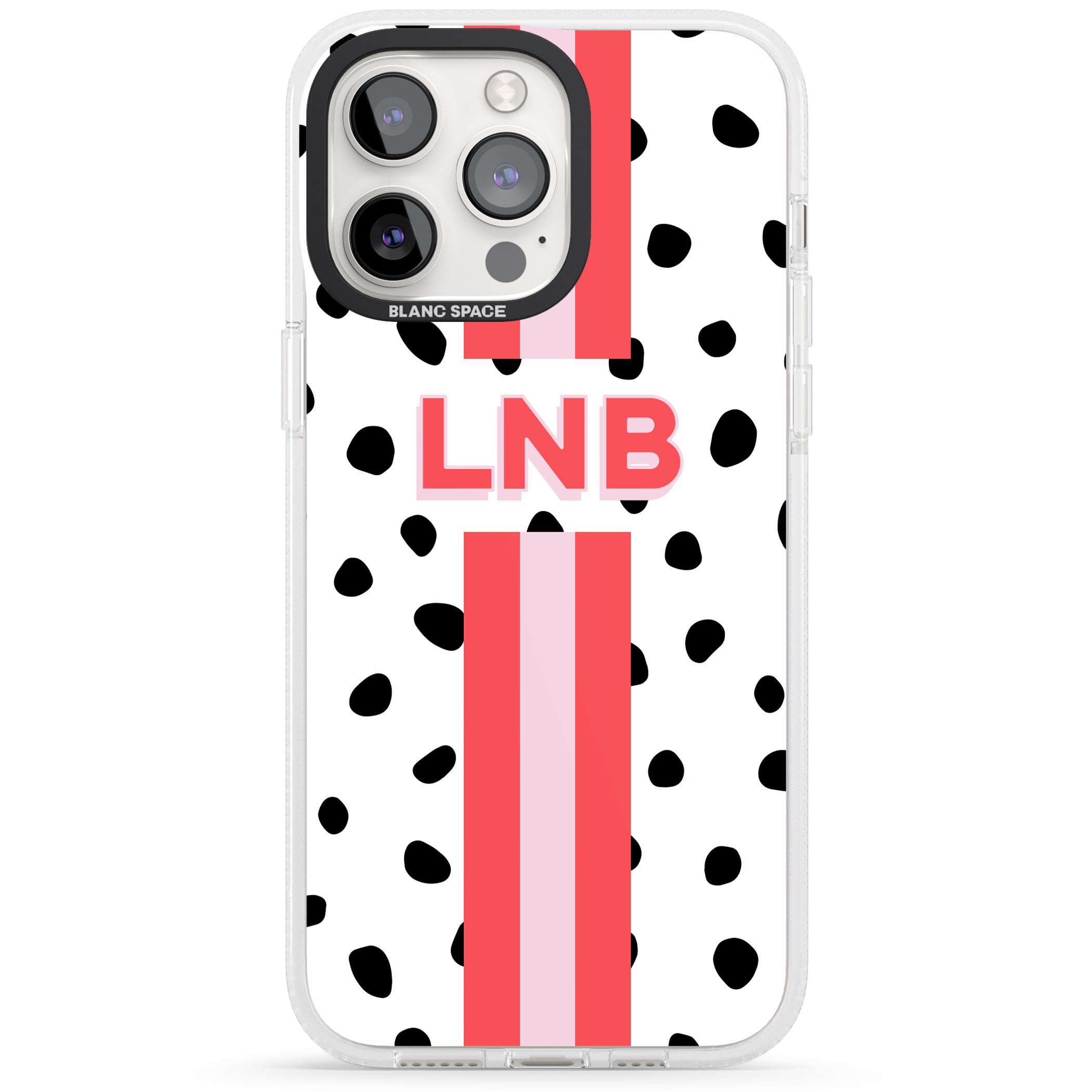 Personalised Polka & Pink Stripe iPhone 15 Pro Max / 15 Pro / 14 Pro Max / 14 Pro / 13 Pro Clear Case Impact Air - Blanc Space