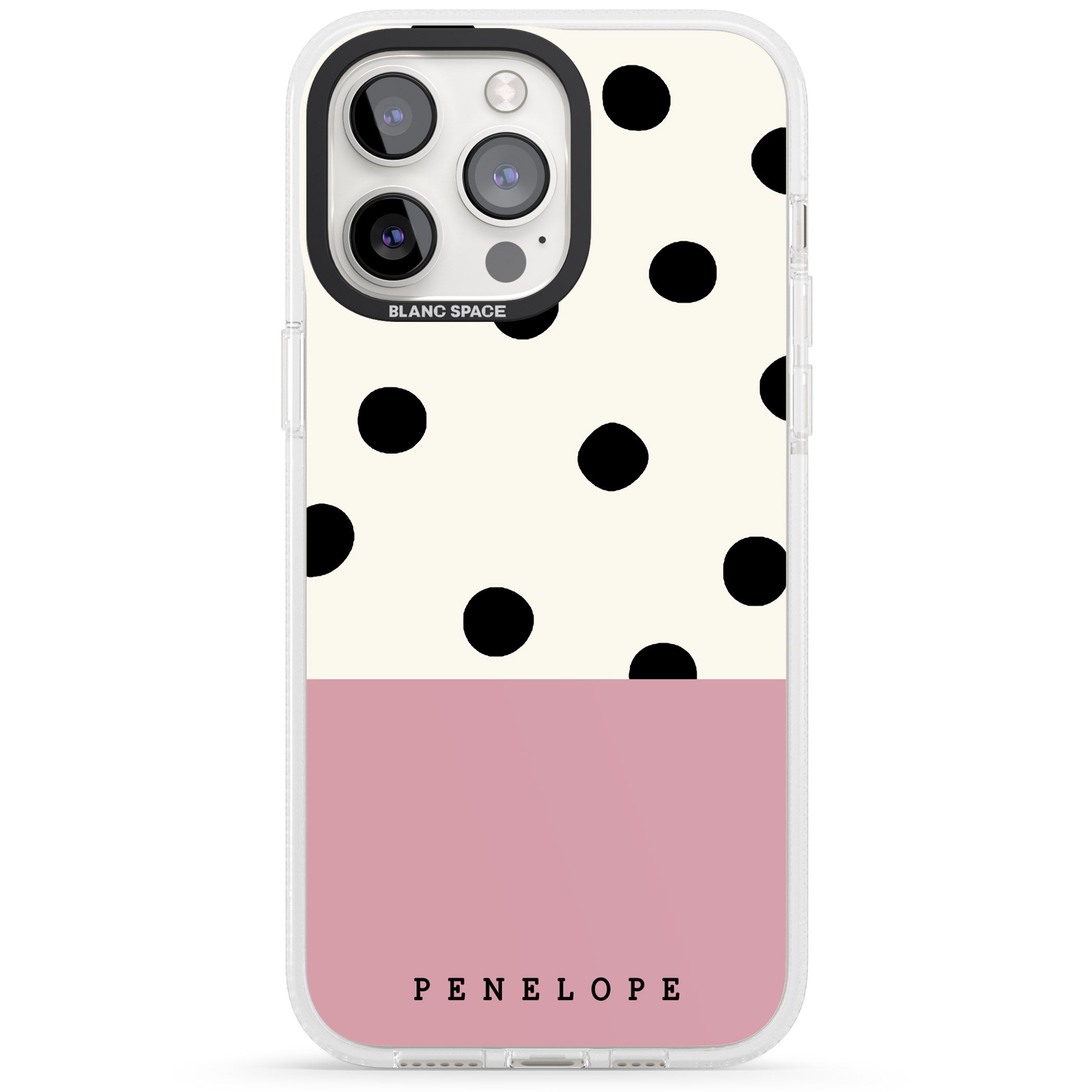Personalised Pink Border Polka Dot iPhone 15 Pro Max / 15 Pro / 14 Pro Max / 14 Pro / 13 Pro Clear Case Impact Air - Blanc Space