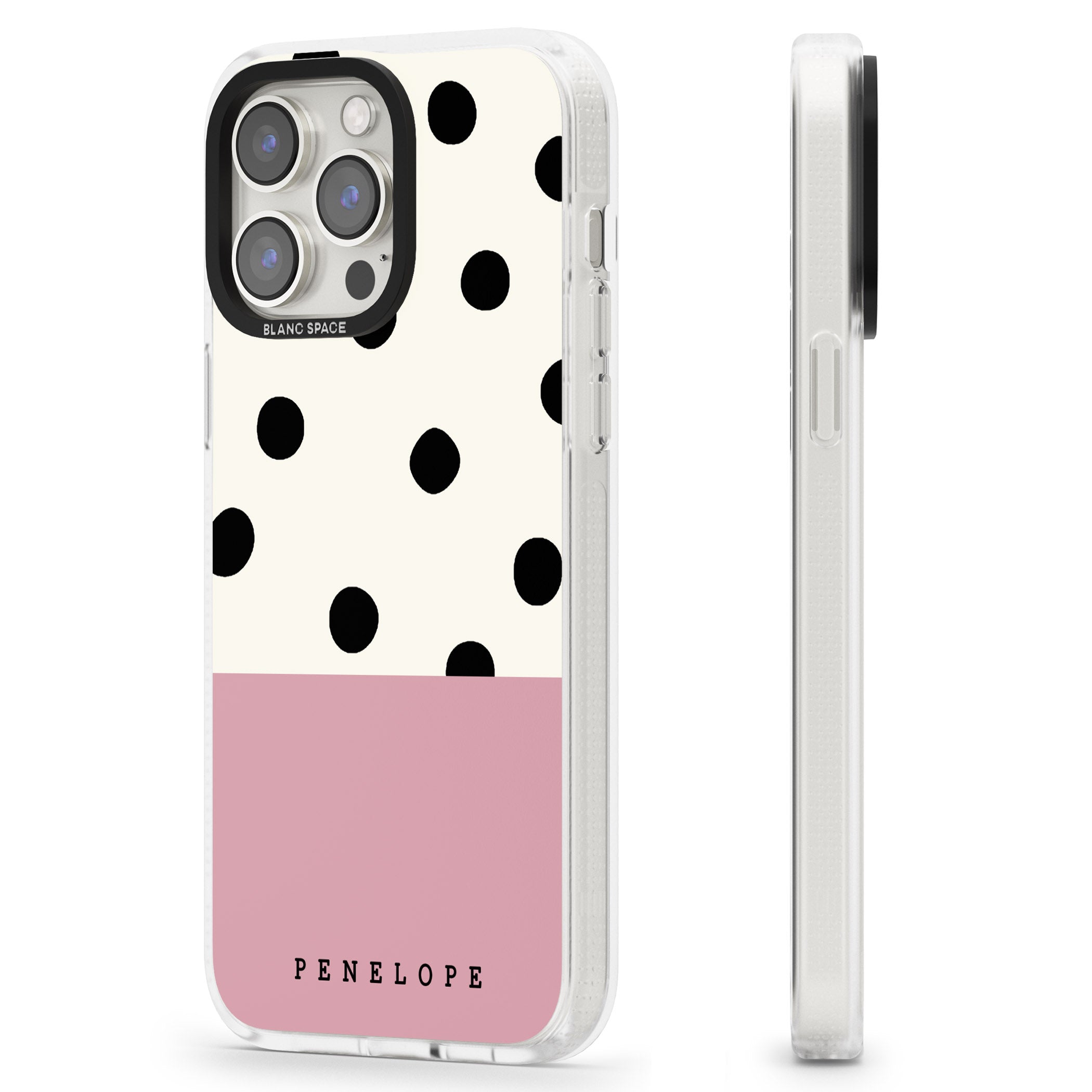 Personalised Pink Border Polka Dot iPhone 15 Pro Max / 15 Pro / 14 Pro Max / 14 Pro / 13 Pro Clear Case Impact Air - Blanc Space