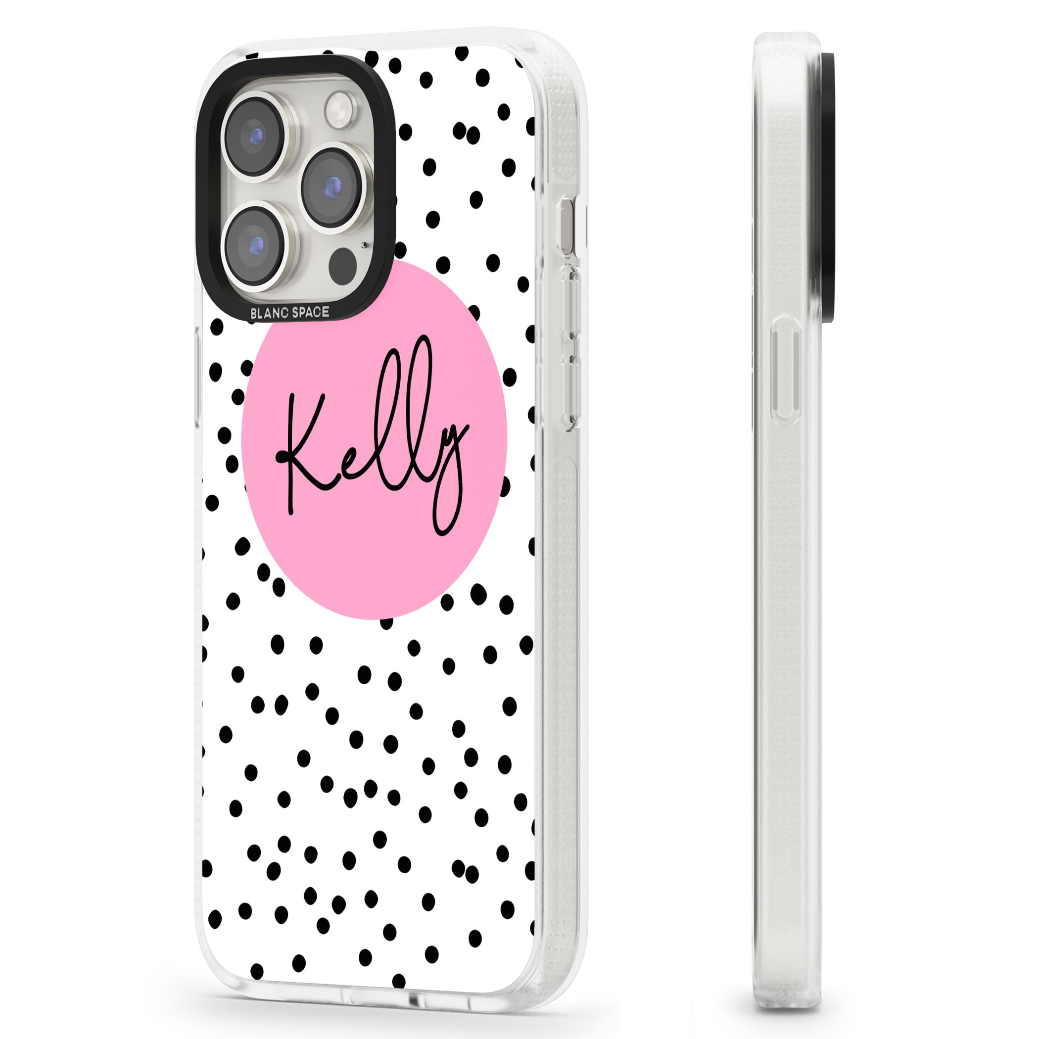 Personalised Pink Circle & Dots iPhone 15 Pro Max / 15 Pro / 14 Pro Max / 14 Pro / 13 Pro Clear Case Impact Air - Blanc Space