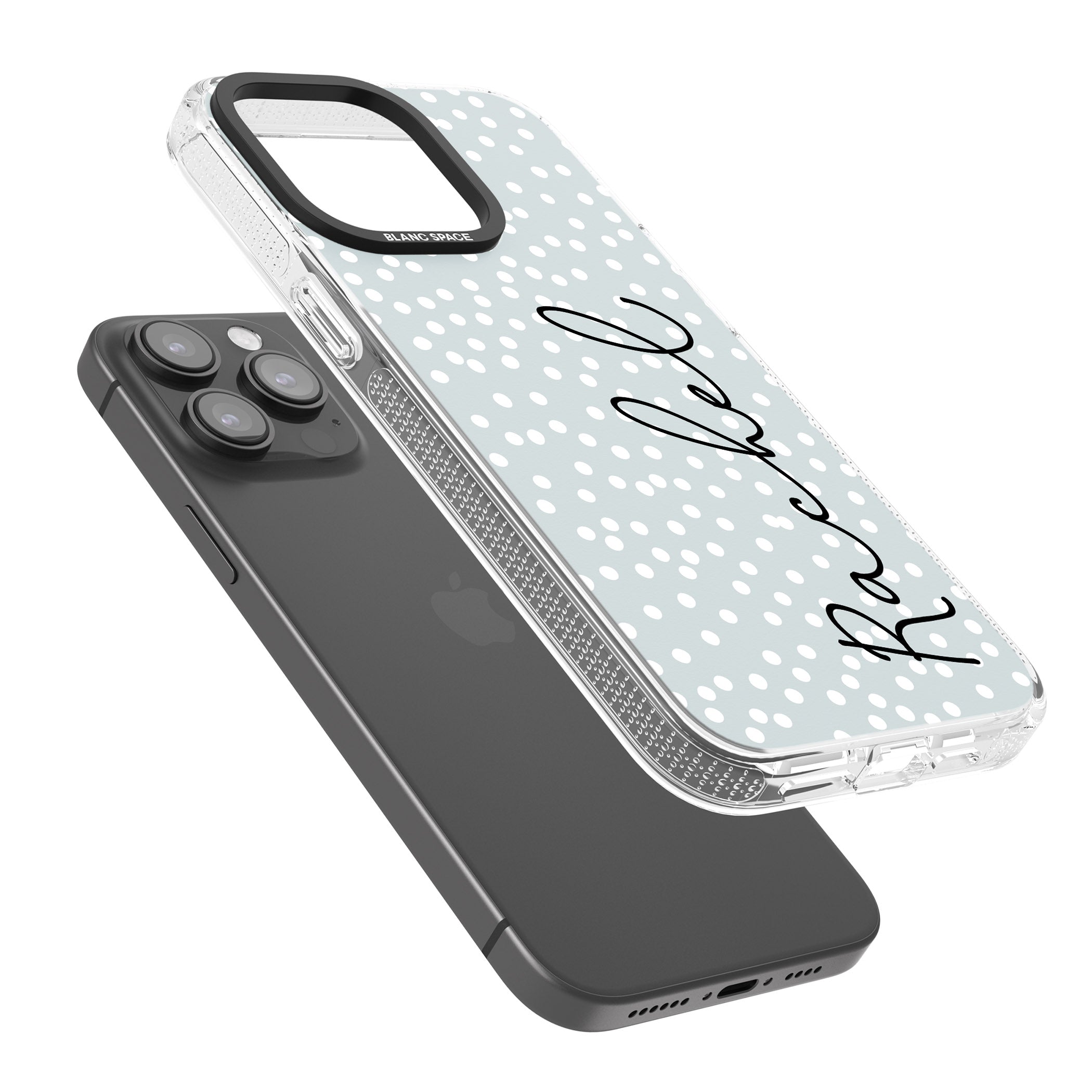 Personalised Vertical Cursive & Dots iPhone 15 Pro Max / 15 Pro / 14 Pro Max / 14 Pro / 13 Pro Clear Case Impact Air - Blanc Space