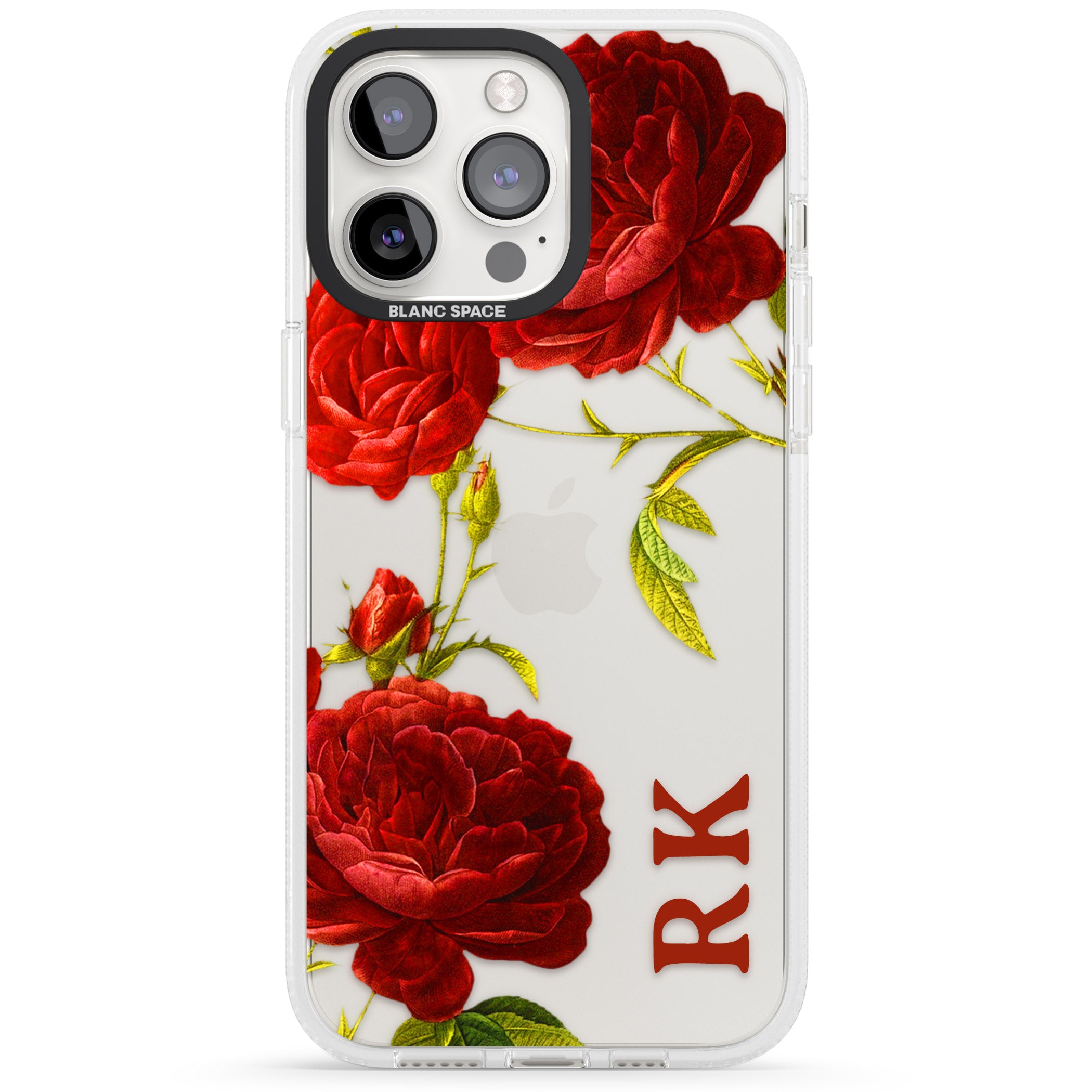 Personalised Clear Vintage Floral Red Roses iPhone 15 Pro Max / 15 Pro / 14 Pro Max / 14 Pro / 13 Pro Clear Case Impact Air - Blanc Space