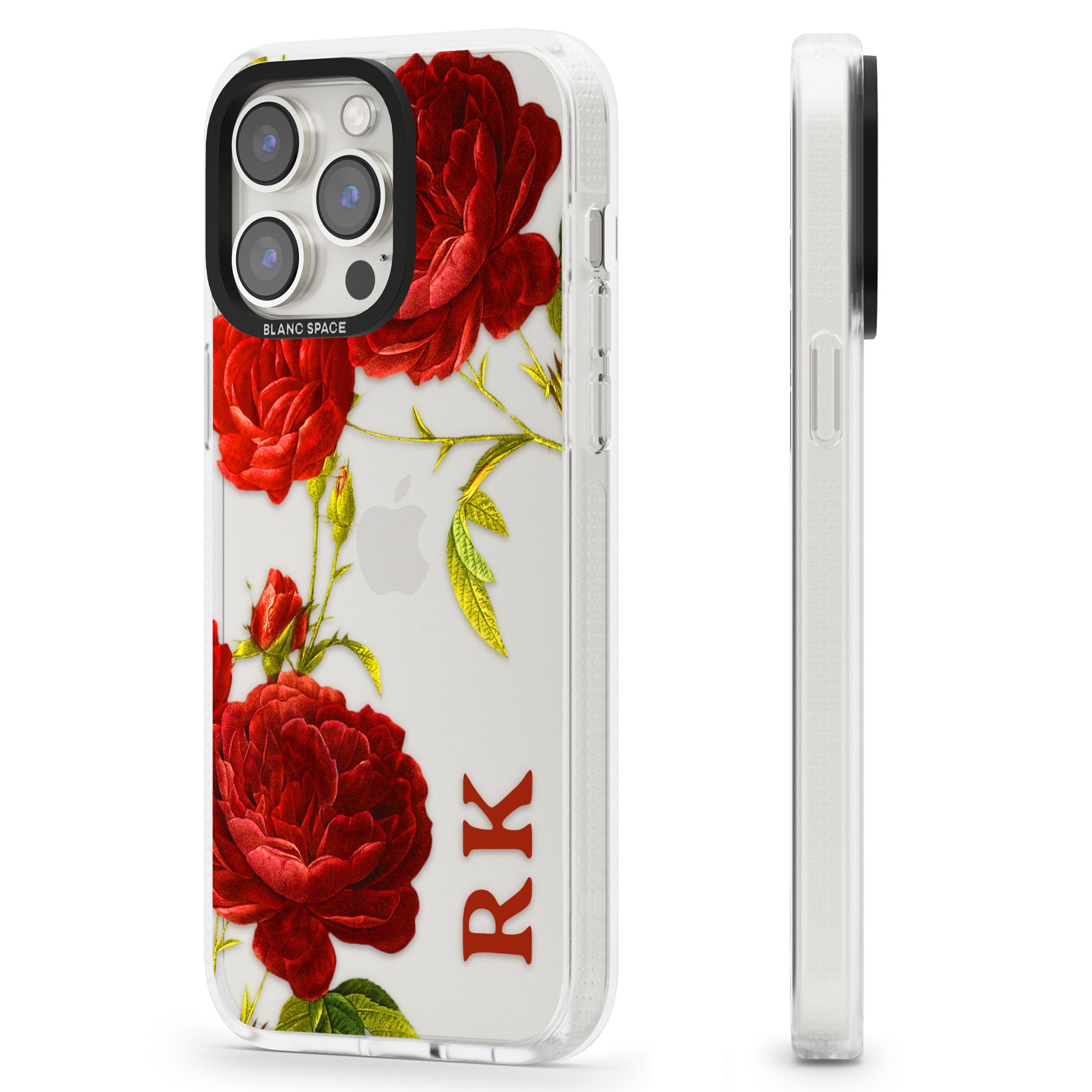 Personalised Clear Vintage Floral Red Roses iPhone 15 Pro Max / 15 Pro / 14 Pro Max / 14 Pro / 13 Pro Clear Case Impact Air - Blanc Space