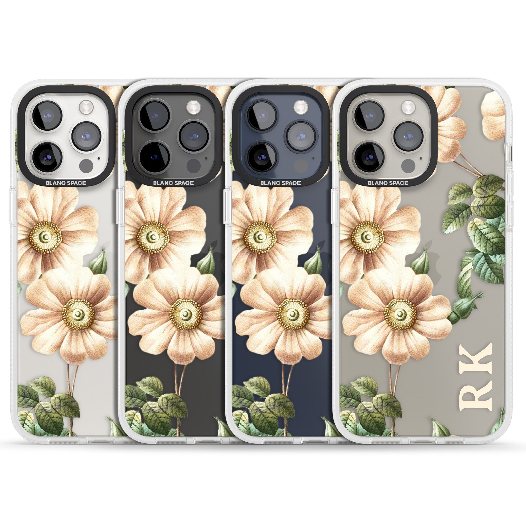 Personalised Clear Vintage Floral Cream Anemones iPhone 15 Pro Max / 15 Pro / 14 Pro Max / 14 Pro / 13 Pro Clear Case Impact Air - Blanc Space