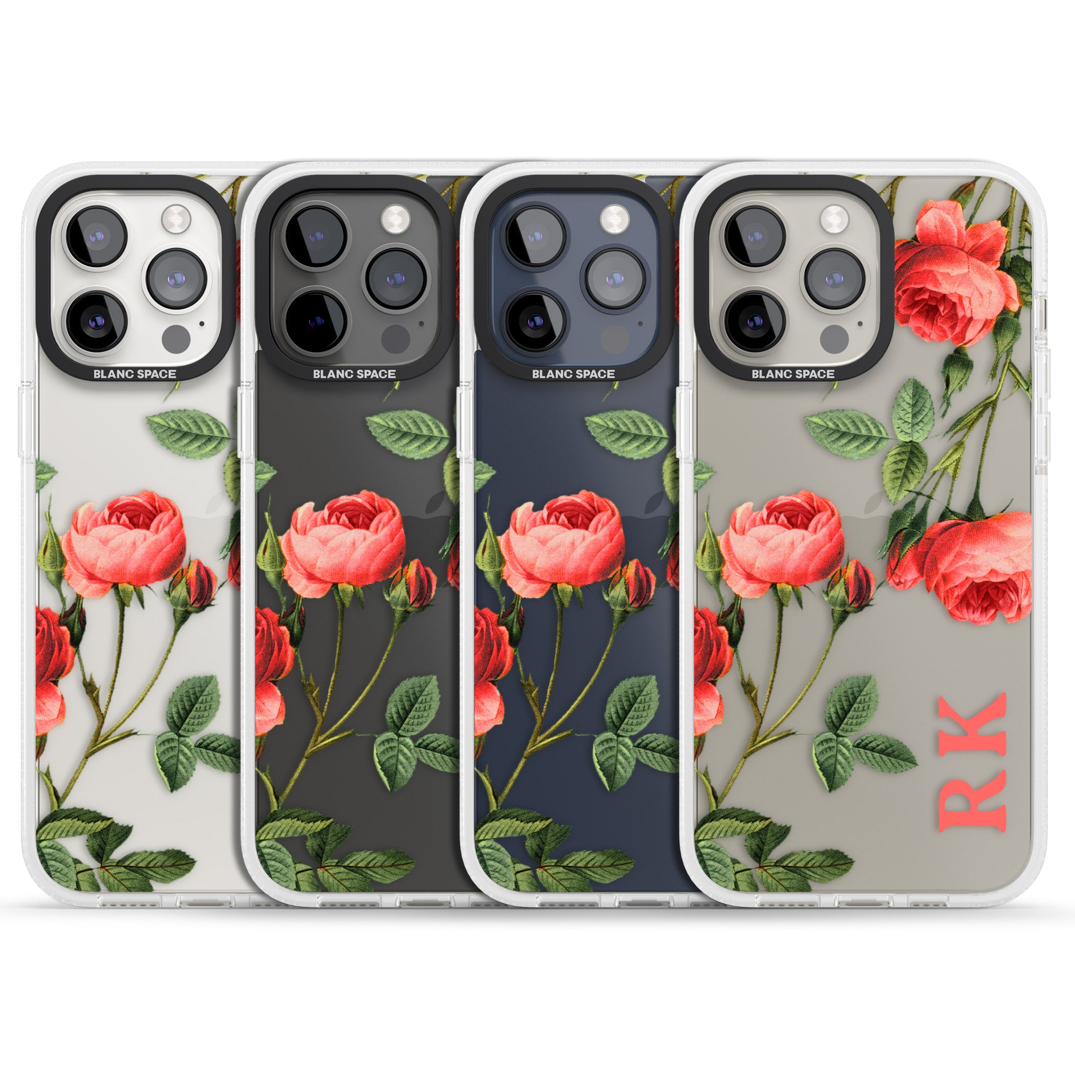 Personalised Clear Vintage Floral Pink Roses iPhone 15 Pro Max / 15 Pro / 14 Pro Max / 14 Pro / 13 Pro Clear Case Impact Air - Blanc Space