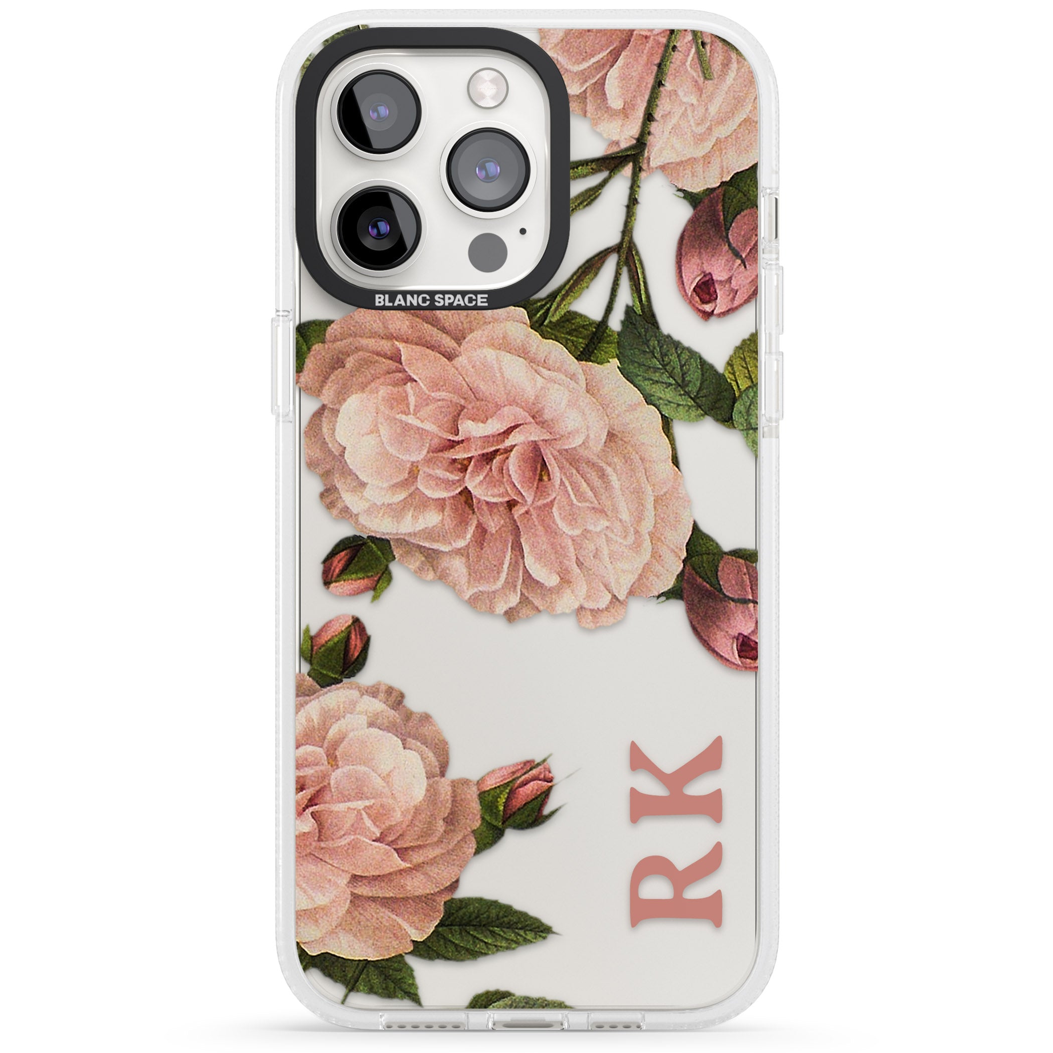 Personalised Clear Vintage Floral Pale Pink Peonies iPhone 15 Pro Max / 15 Pro / 14 Pro Max / 14 Pro / 13 Pro Clear Case Impact Air - Blanc Space