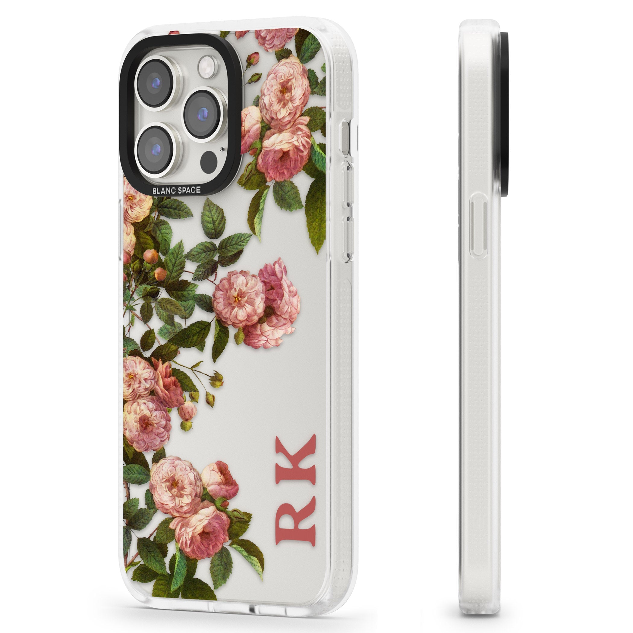 Personalised Clear Vintage Floral Pink Garden Roses iPhone 15 Pro Max / 15 Pro / 14 Pro Max / 14 Pro / 13 Pro Clear Case Impact Air - Blanc Space
