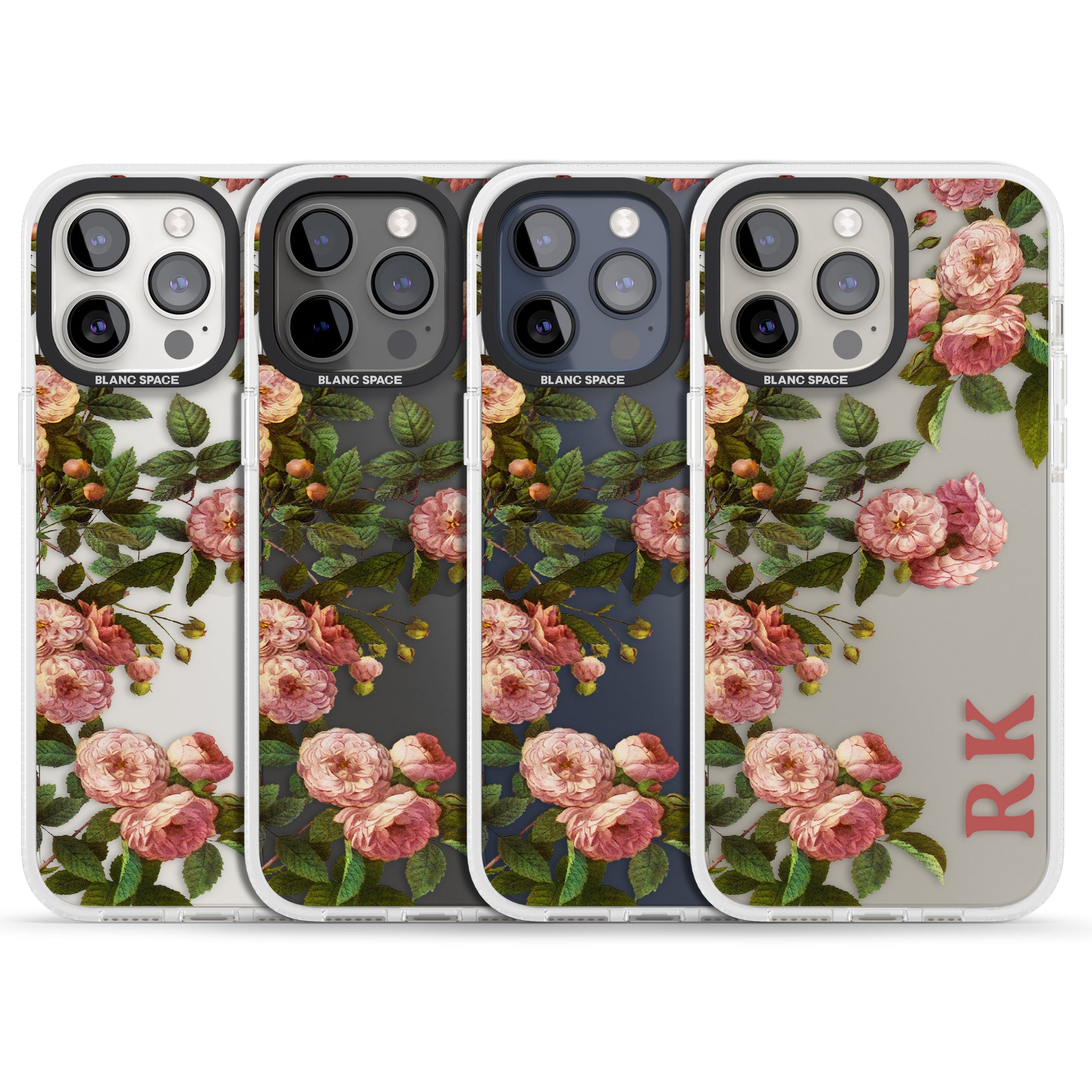 Personalised Clear Vintage Floral Pink Garden Roses iPhone 15 Pro Max / 15 Pro / 14 Pro Max / 14 Pro / 13 Pro Clear Case Impact Air - Blanc Space
