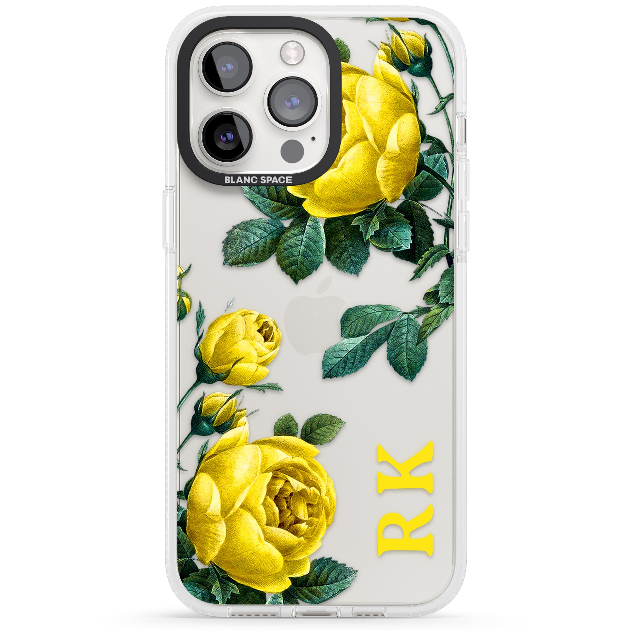 Personalised Clear Vintage Floral Yellow Roses iPhone 15 Pro Max / 15 Pro / 14 Pro Max / 14 Pro / 13 Pro Clear Case Impact Air - Blanc Space