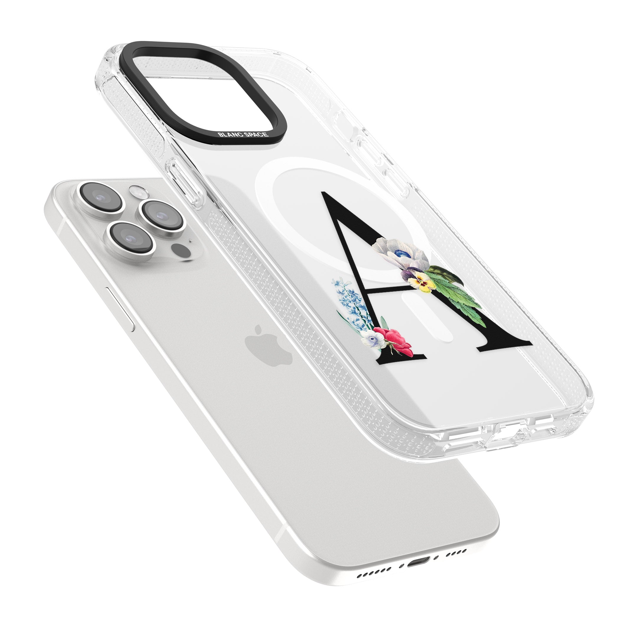 Personalised Floral Initial iPhone 15 Pro Max / 15 Pro / 14 Pro Max / 14 Pro / 13 Pro Clear Case Impact Air - Blanc Space