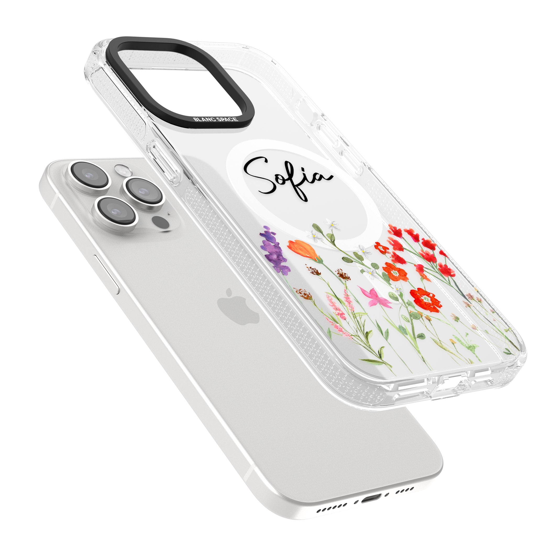 Personalised Spring Wildflowers iPhone 15 Pro Max / 15 Pro / 14 Pro Max / 14 Pro / 13 Pro Clear Case Impact Air - Blanc Space
