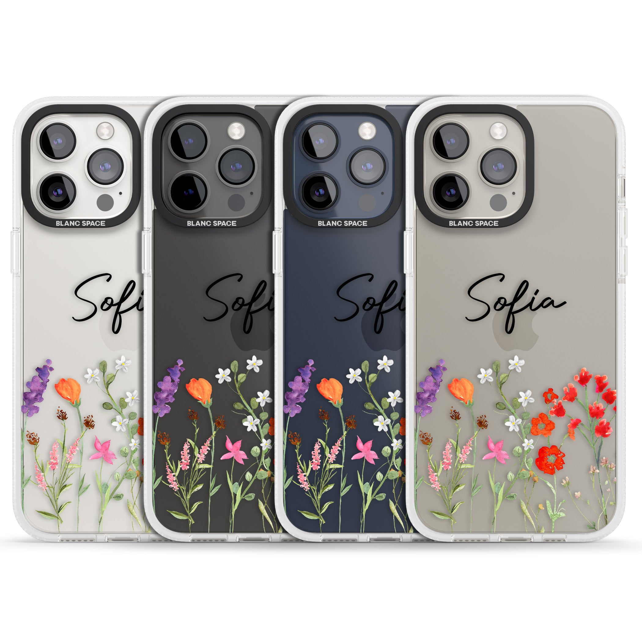 Personalised Spring Wildflowers iPhone 15 Pro Max / 15 Pro / 14 Pro Max / 14 Pro / 13 Pro Clear Case Impact Air - Blanc Space