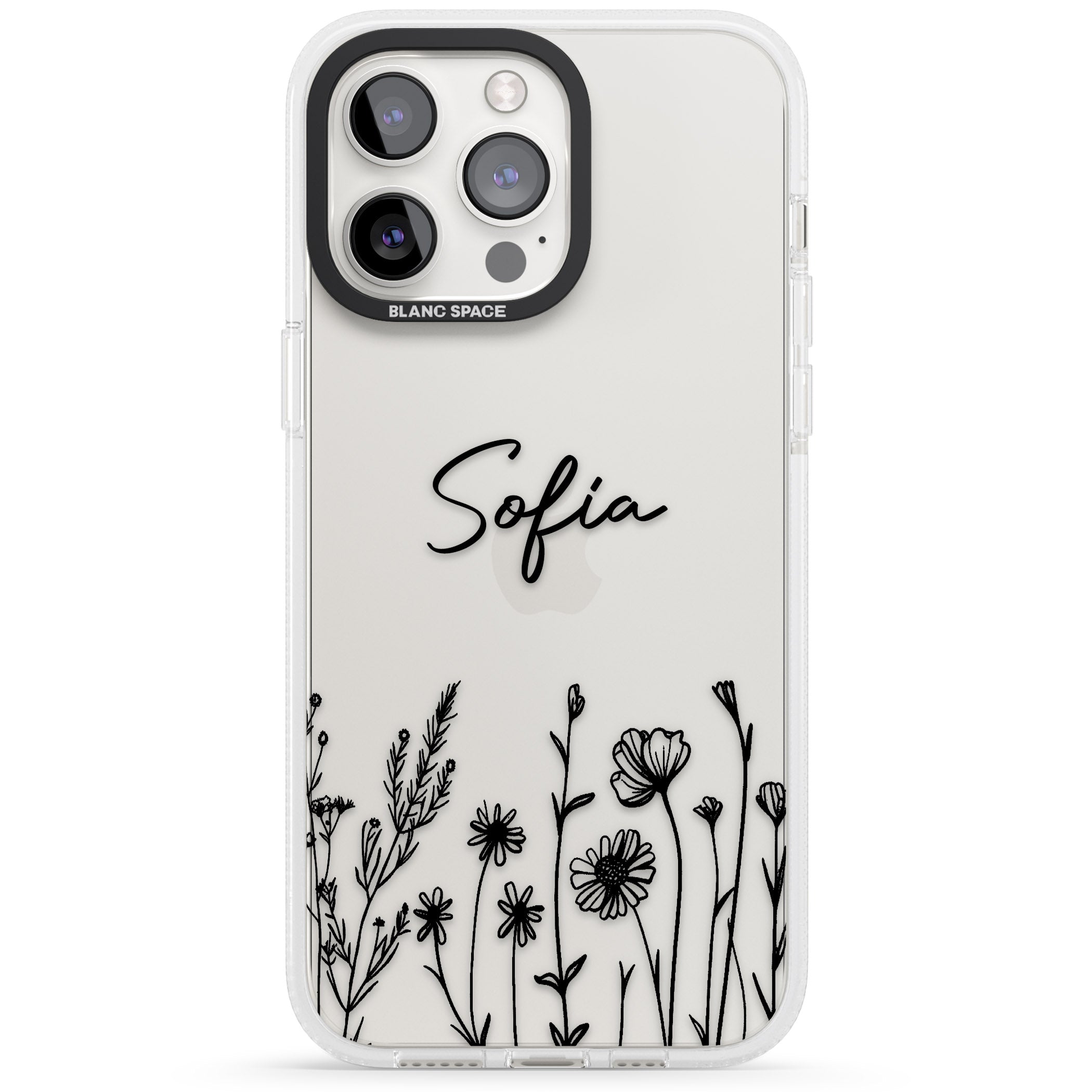 Personalised Black Wildflowers iPhone 15 Pro Max / 15 Pro / 14 Pro Max / 14 Pro / 13 Pro Clear Case Impact Air - Blanc Space