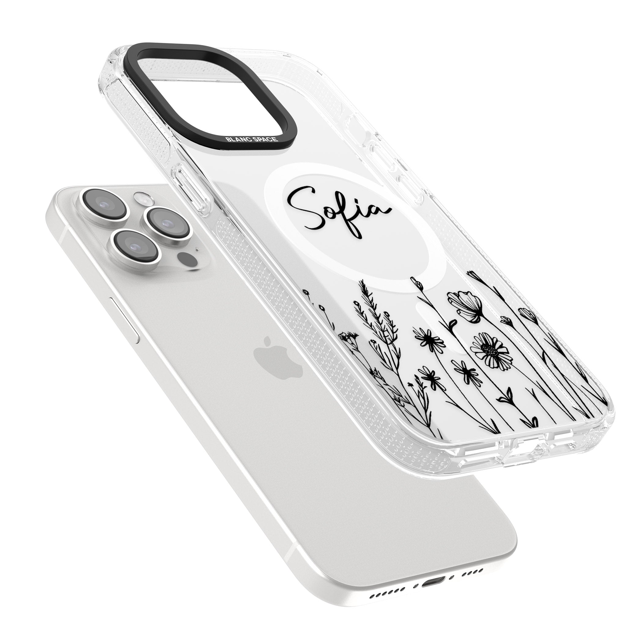 Personalised Black Wildflowers iPhone 15 Pro Max / 15 Pro / 14 Pro Max / 14 Pro / 13 Pro Clear Case Impact Air - Blanc Space