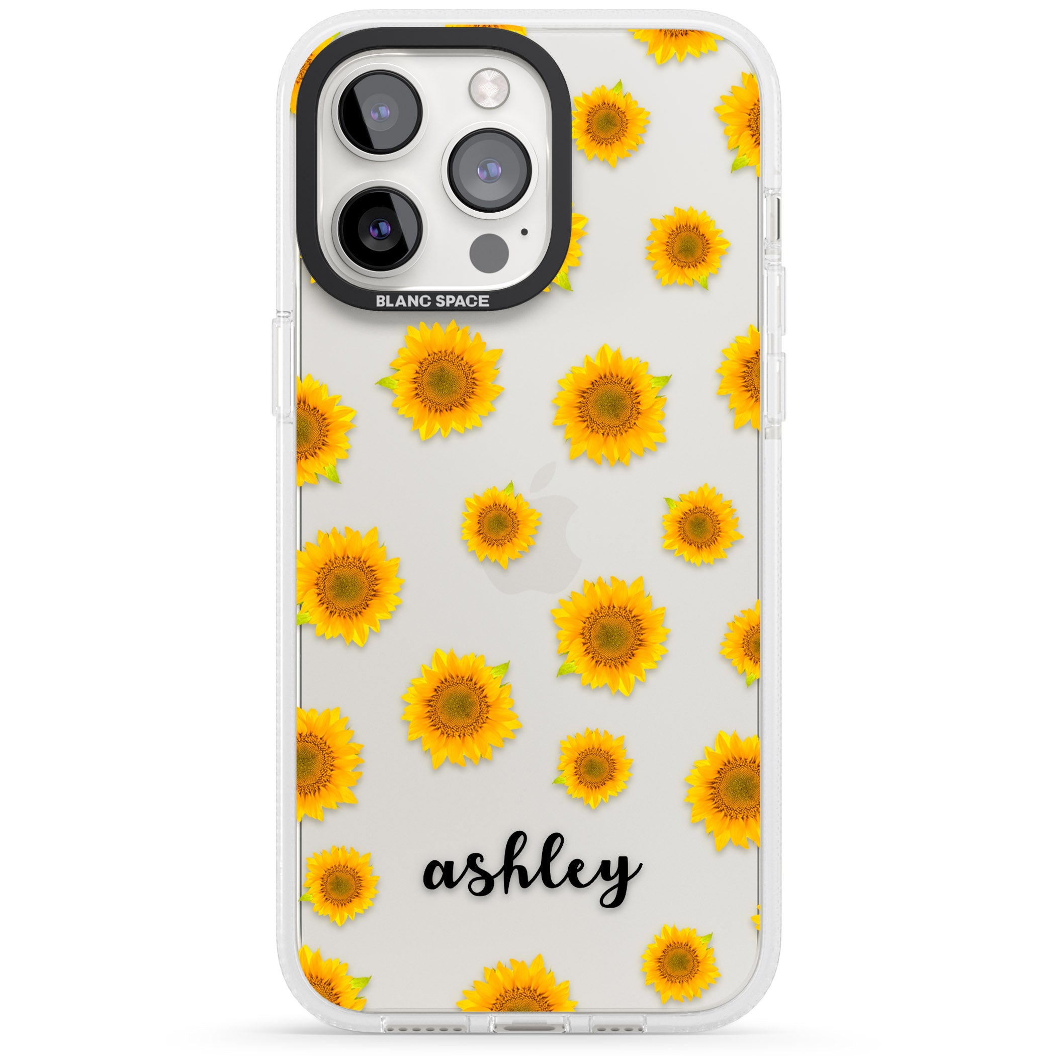 Personalised Sunflowers & Cursive iPhone 15 Pro Max / 15 Pro / 14 Pro Max / 14 Pro / 13 Pro Clear Case Impact Air - Blanc Space