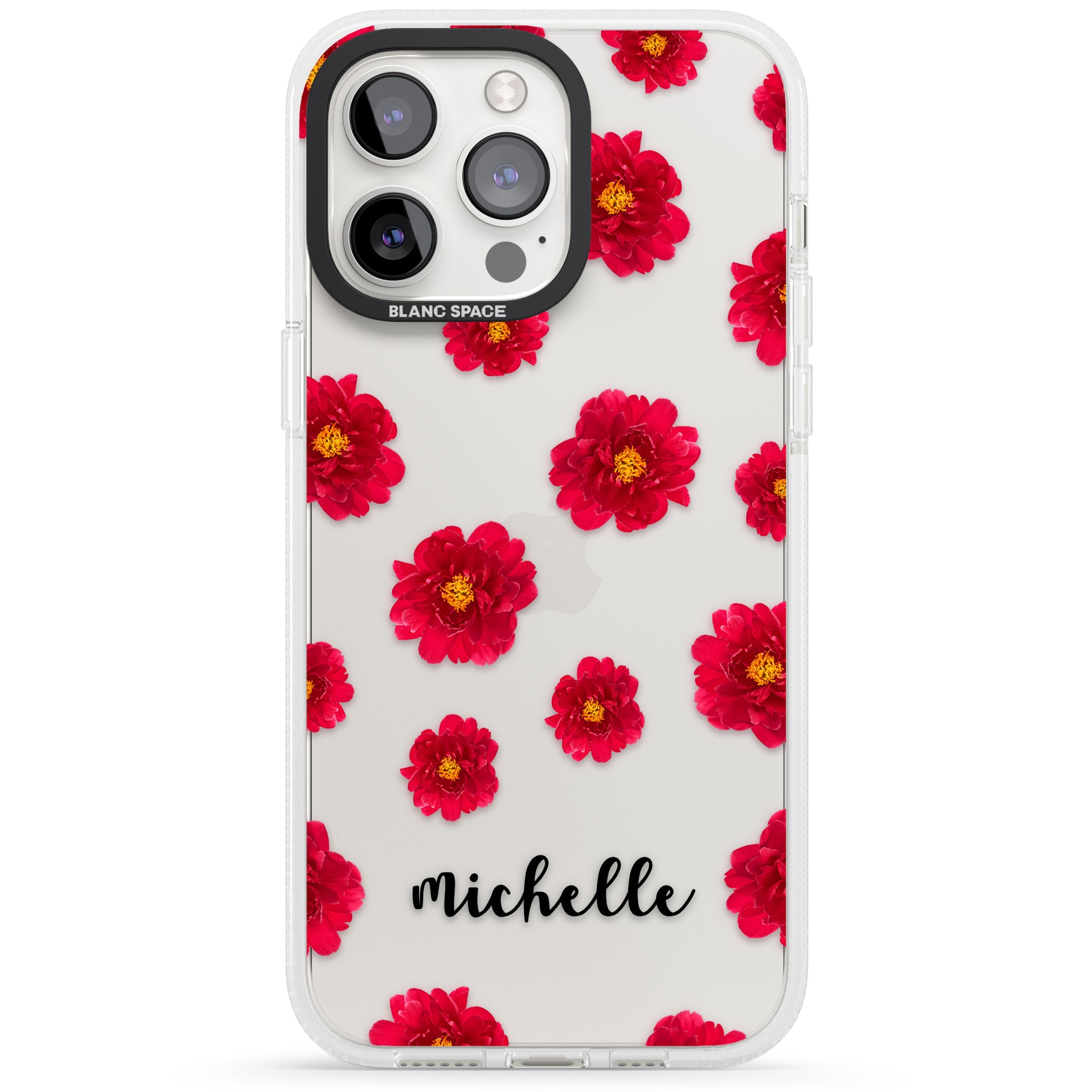 Personalised Red Peonies & Cursive iPhone 15 Pro Max / 15 Pro / 14 Pro Max / 14 Pro / 13 Pro Clear Case Impact Air - Blanc Space