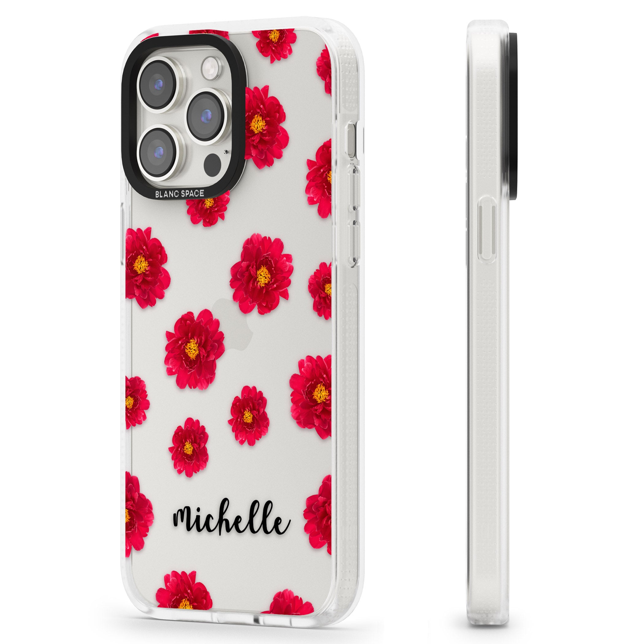 Personalised Red Peonies & Cursive iPhone 15 Pro Max / 15 Pro / 14 Pro Max / 14 Pro / 13 Pro Clear Case Impact Air - Blanc Space