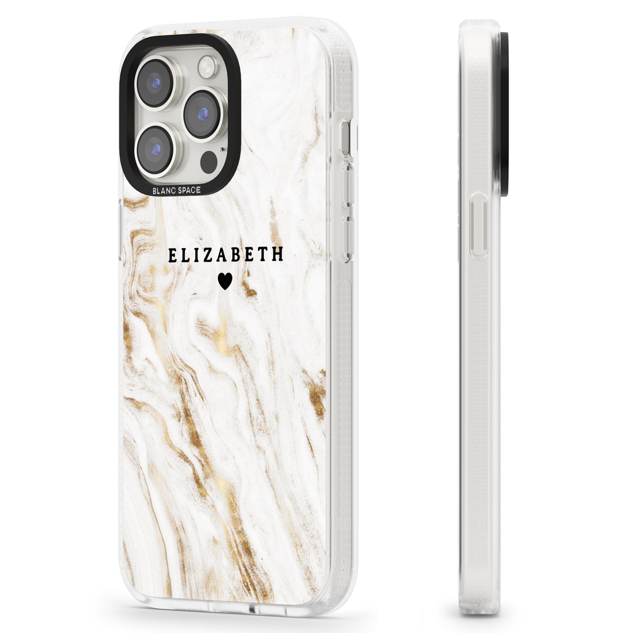 Personalised White & Gold Swirl Marble iPhone 15 Pro Max / 15 Pro / 14 Pro Max / 14 Pro / 13 Pro Clear Case Impact Air - Blanc Space