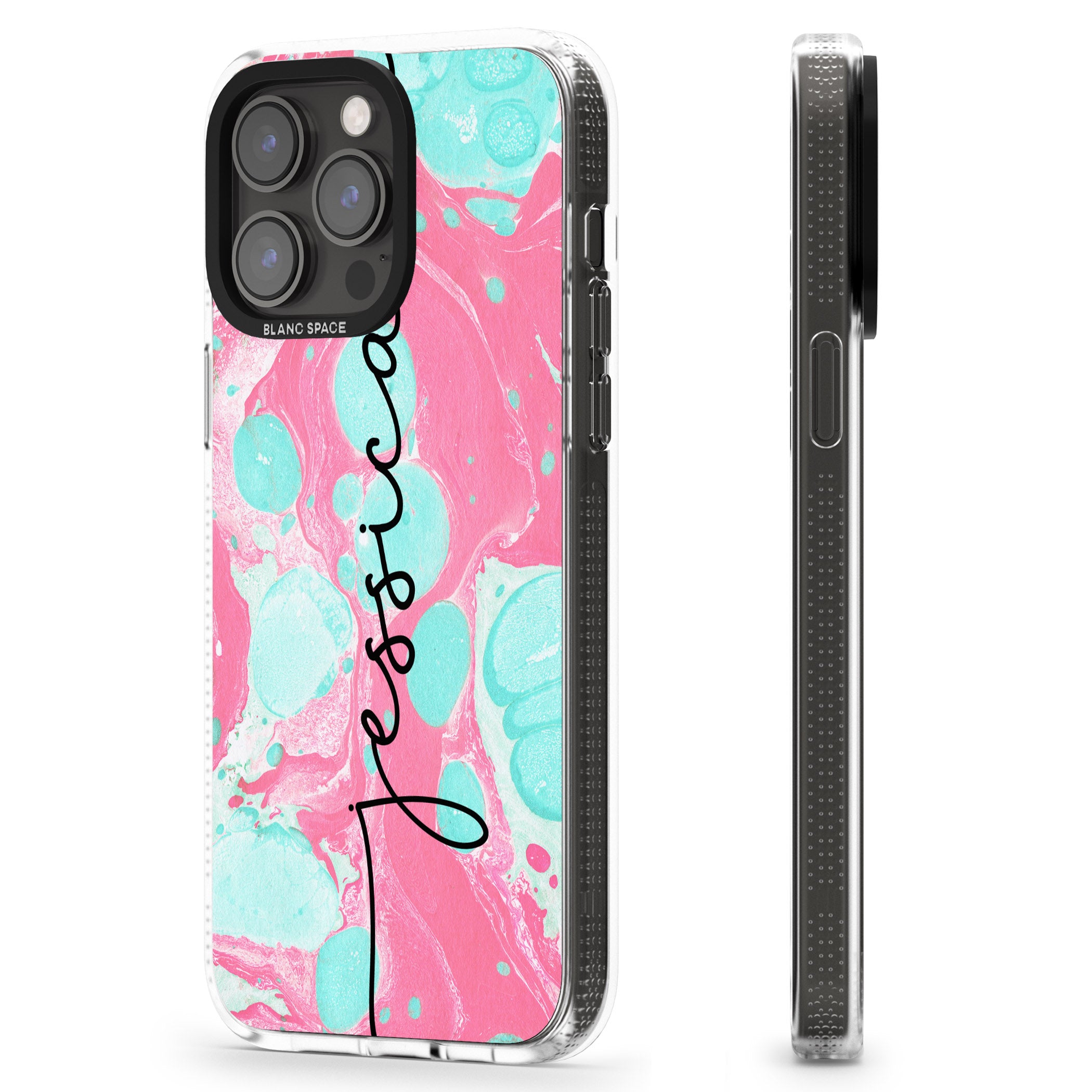 Personalised Turquoise & Pink - Marbled iPhone 15 Pro Max / 15 Pro / 14 Pro Max / 14 Pro / 13 Pro Clear Case Impact Air - Blanc Space