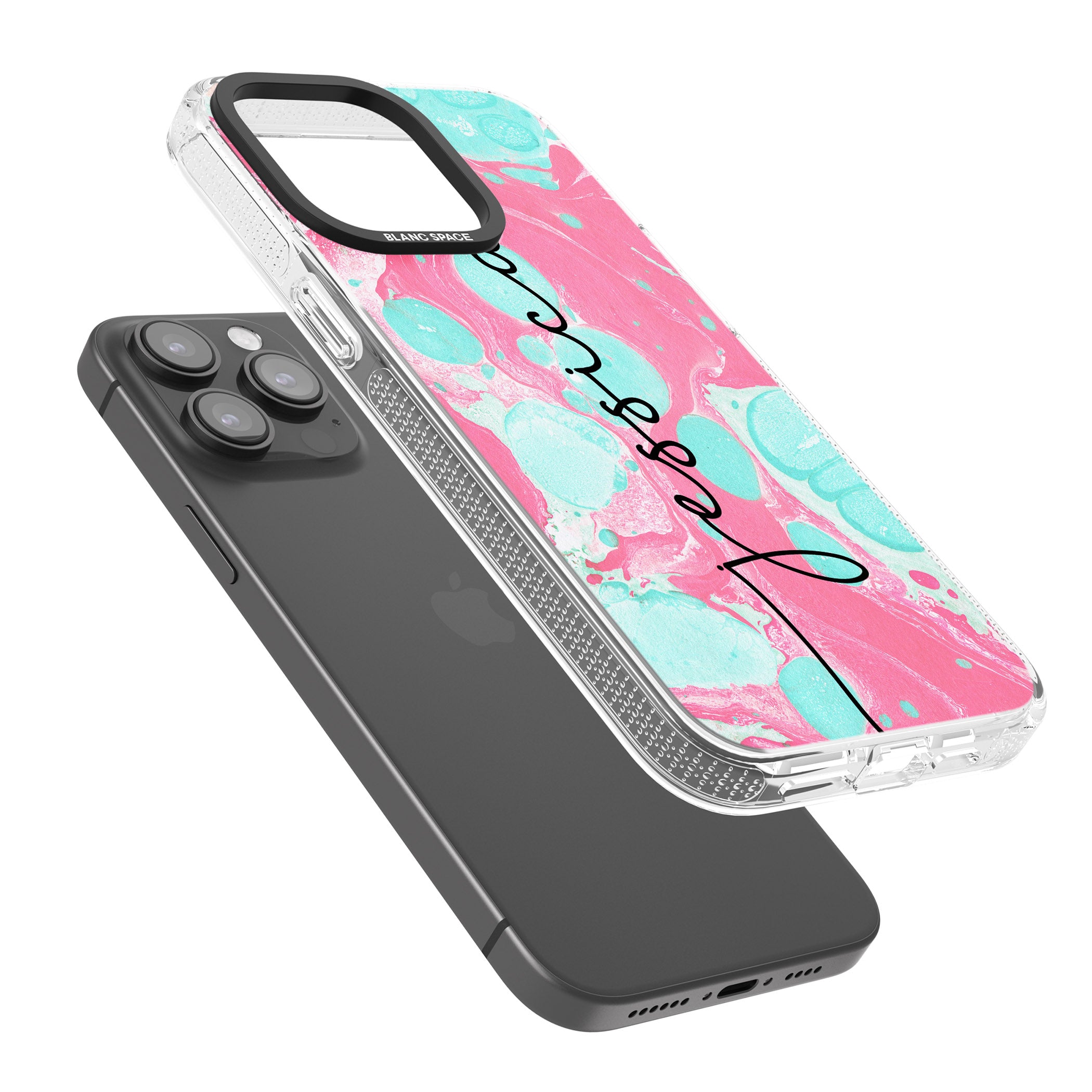 Personalised Turquoise & Pink - Marbled iPhone 15 Pro Max / 15 Pro / 14 Pro Max / 14 Pro / 13 Pro Clear Case Impact Air - Blanc Space