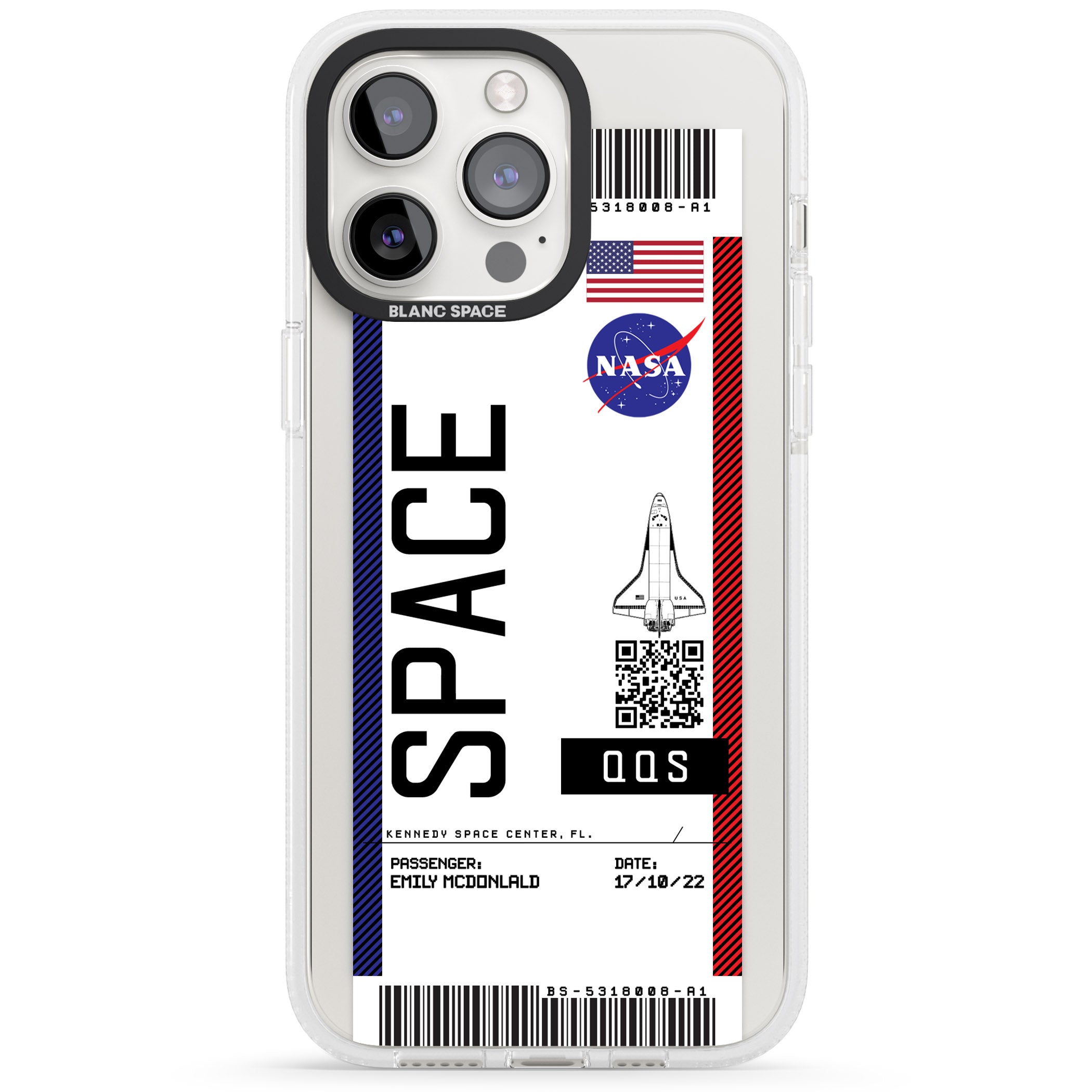 Personalised NASA Boarding Pass (Light) iPhone 15 Pro Max / 15 Pro / 14 Pro Max / 14 Pro / 13 Pro Clear Case Impact Air - Blanc Space