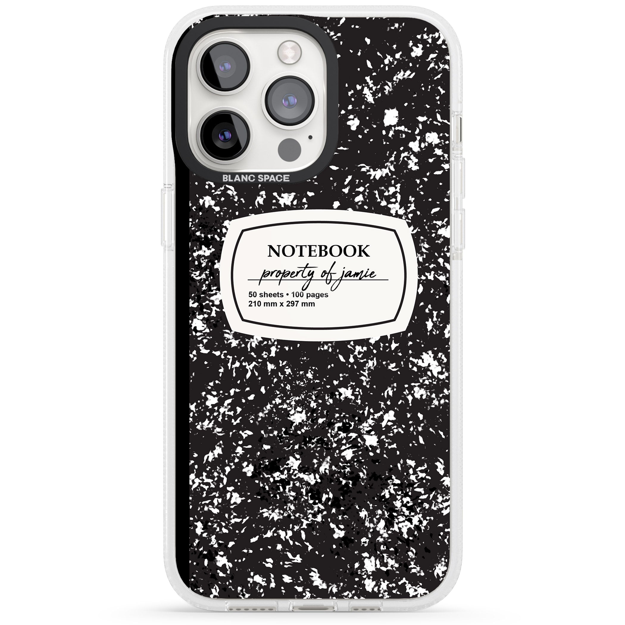 Personalised Notebook Cover iPhone 15 Pro Max / 15 Pro / 14 Pro Max / 14 Pro / 13 Pro Clear Case Impact Air - Blanc Space