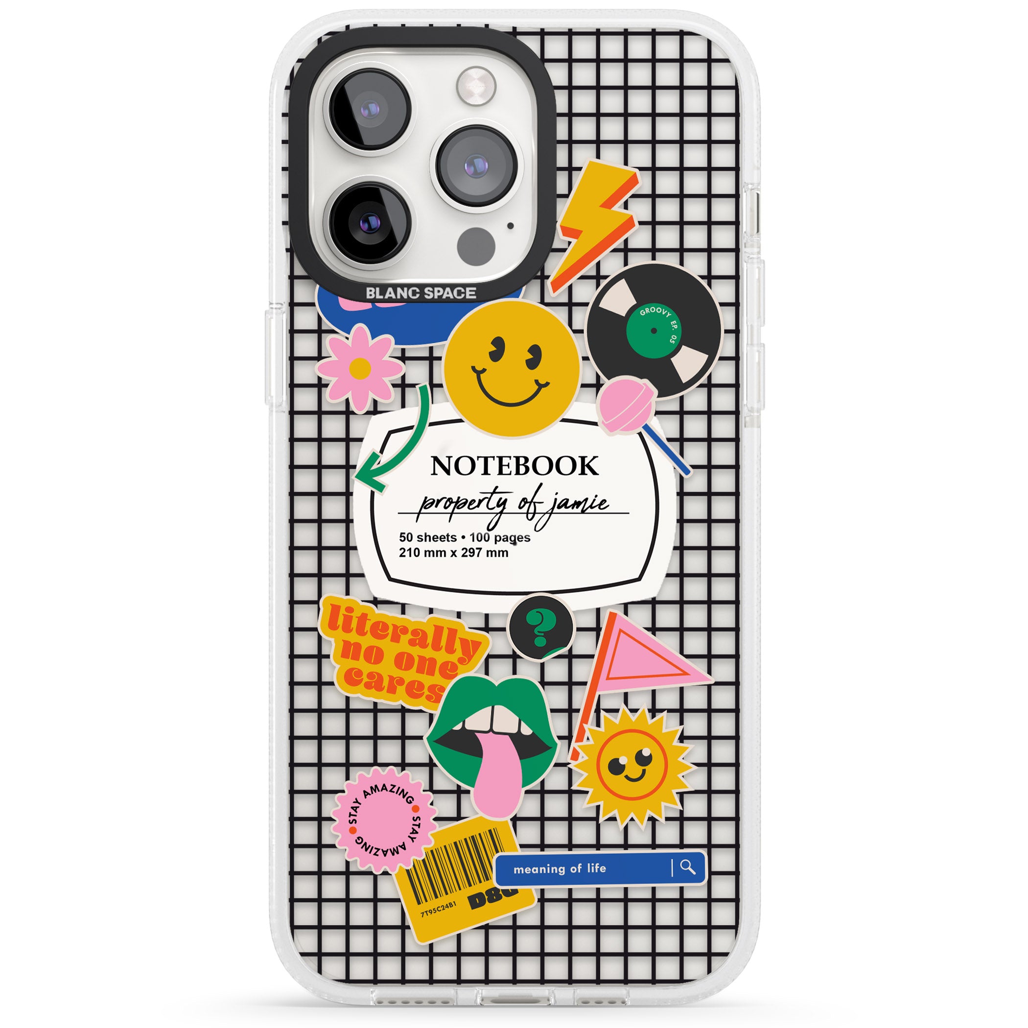 Personalised Sticker Mix on Grid iPhone 15 Pro Max / 15 Pro / 14 Pro Max / 14 Pro / 13 Pro Clear Case Impact Air - Blanc Space