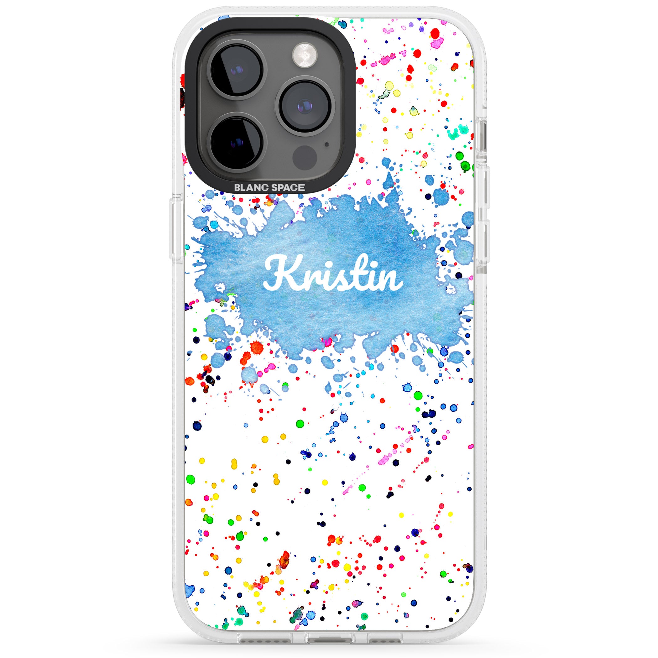 Personalised Rainbow Paint Splatter iPhone 15 Pro Max / 15 Pro / 14 Pro Max / 14 Pro / 13 Pro Clear Case Impact Air - Blanc Space