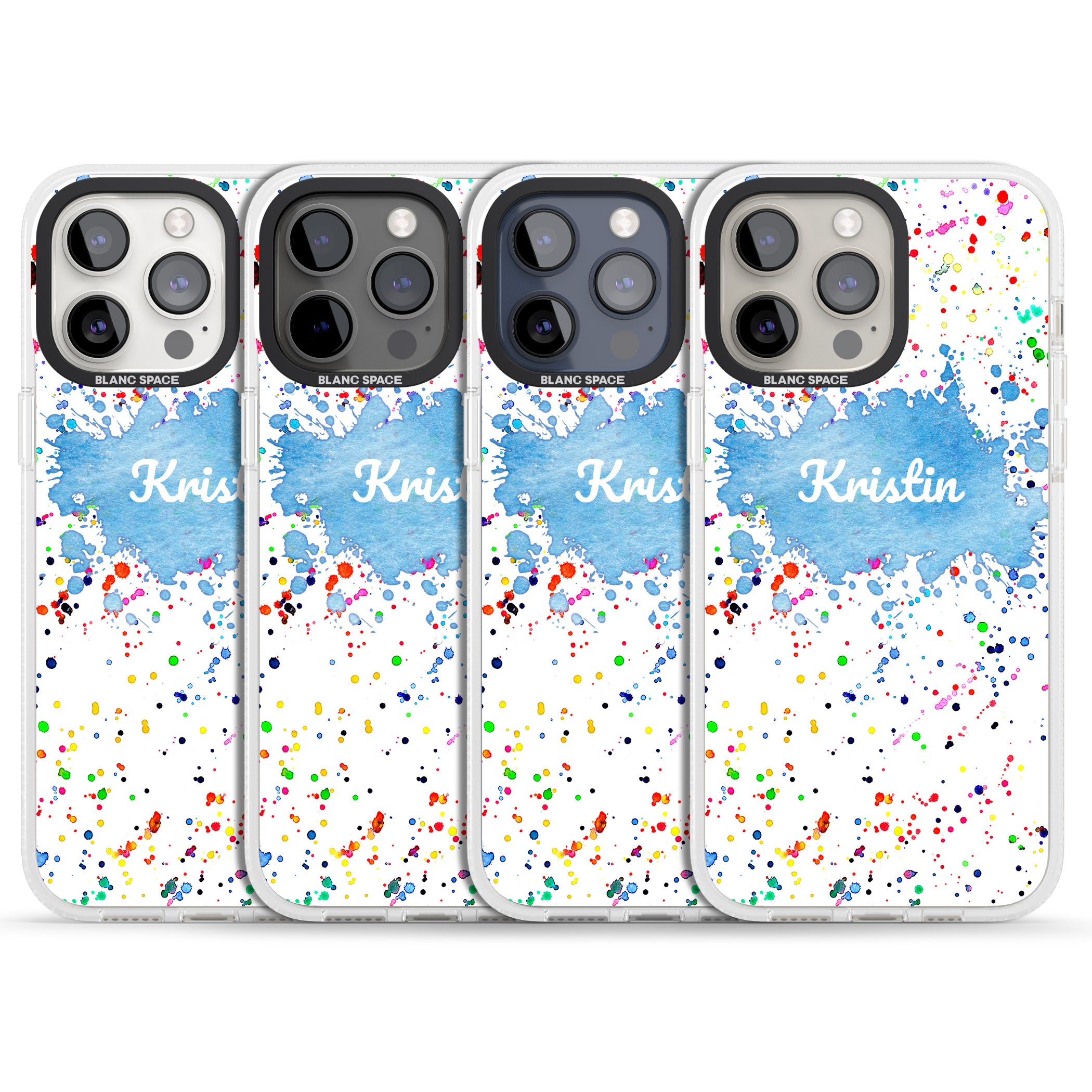 Personalised Rainbow Paint Splatter iPhone 15 Pro Max / 15 Pro / 14 Pro Max / 14 Pro / 13 Pro Clear Case Impact Air - Blanc Space