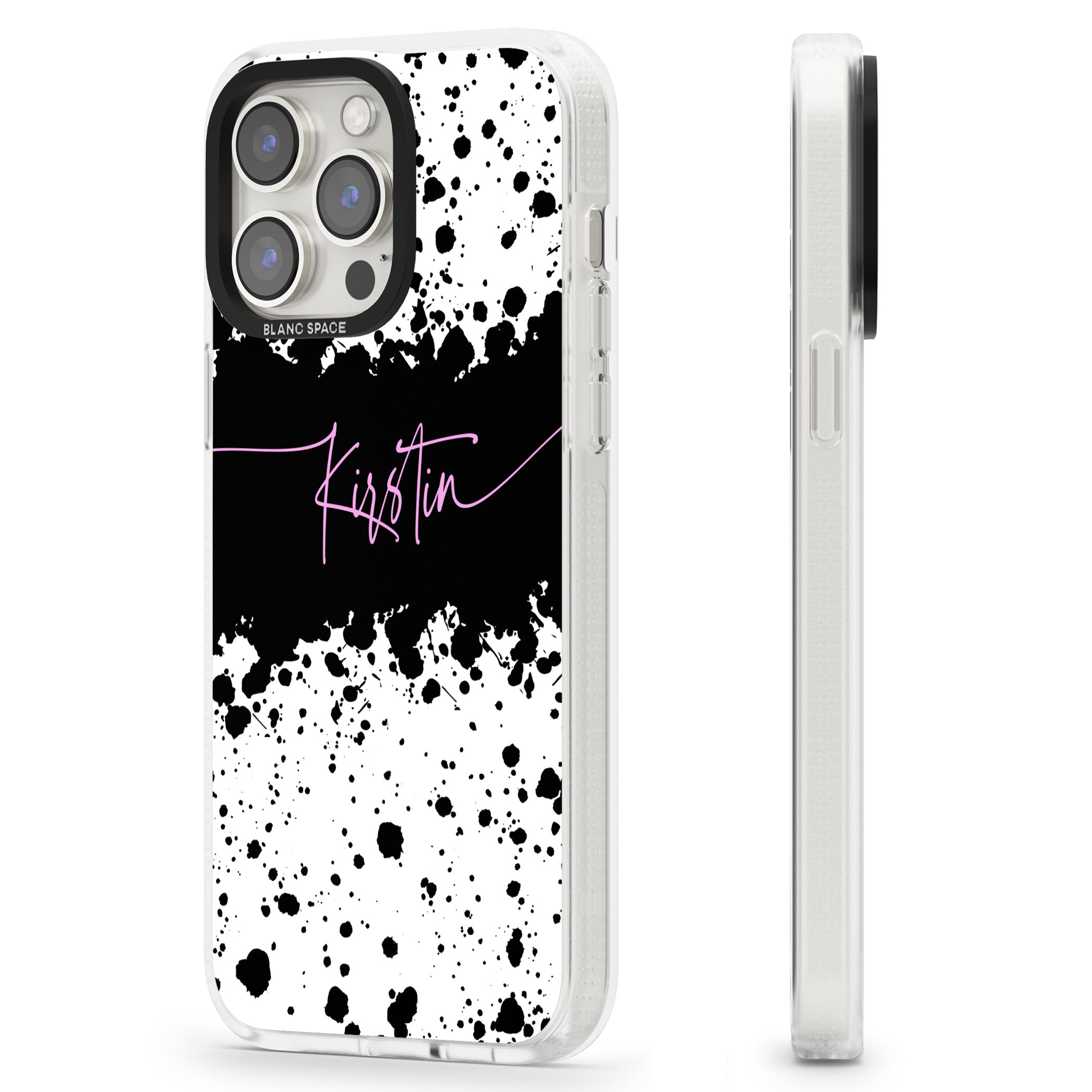 Personalised Black & White Paint Splatters iPhone 15 Pro Max / 15 Pro / 14 Pro Max / 14 Pro / 13 Pro Clear Case Impact Air - Blanc Space