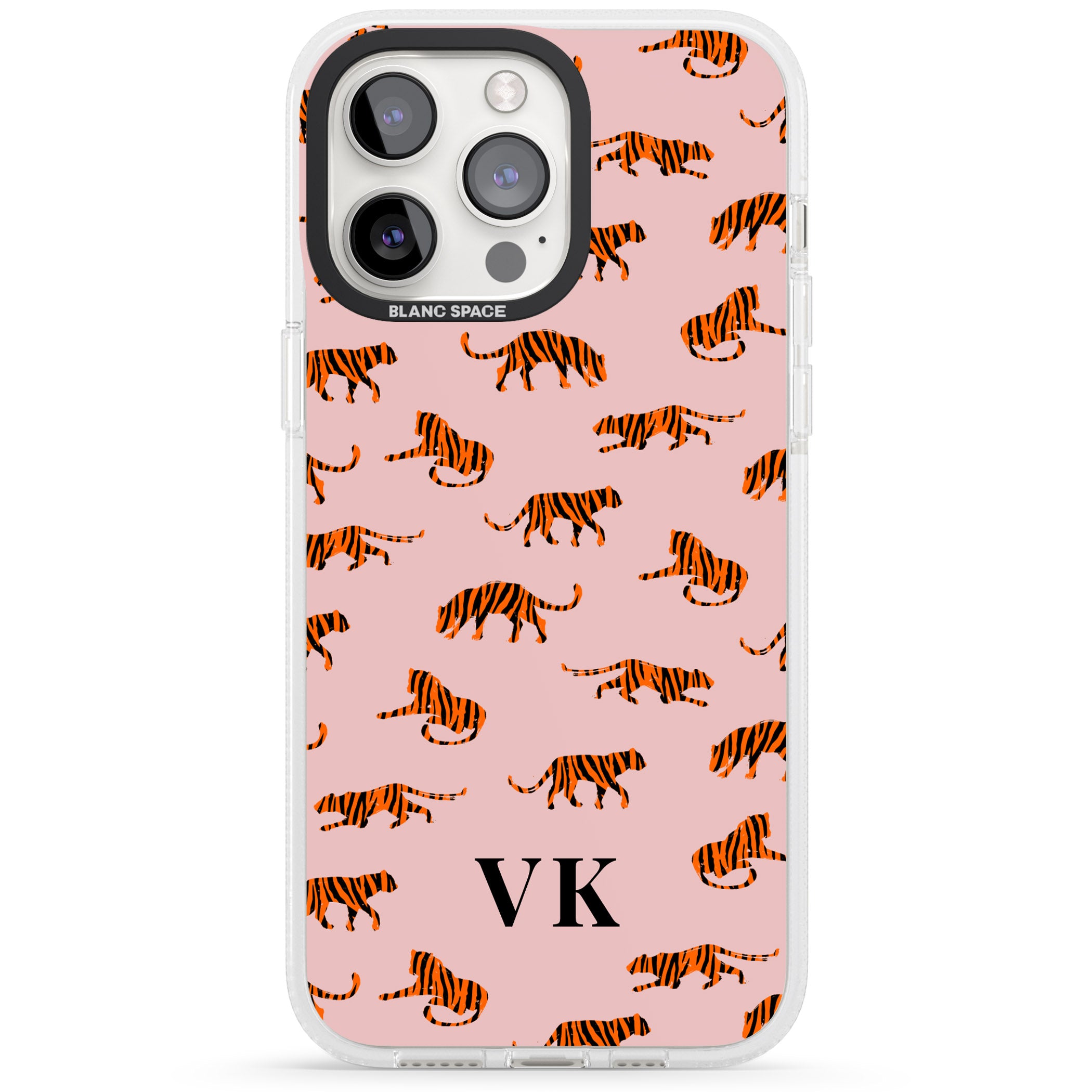 Personalised Safari Tiger Pattern on Pink iPhone 15 Pro Max / 15 Pro / 14 Pro Max / 14 Pro / 13 Pro Clear Case Impact Air - Blanc Space