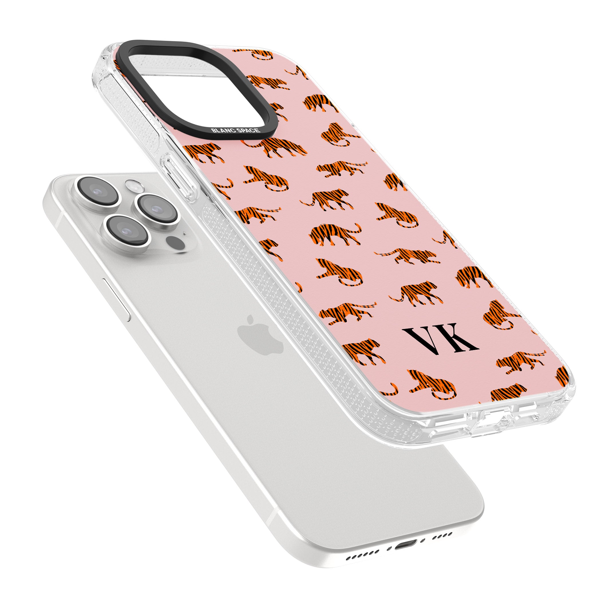 Personalised Safari Tiger Pattern on Pink iPhone 15 Pro Max / 15 Pro / 14 Pro Max / 14 Pro / 13 Pro Clear Case Impact Air - Blanc Space