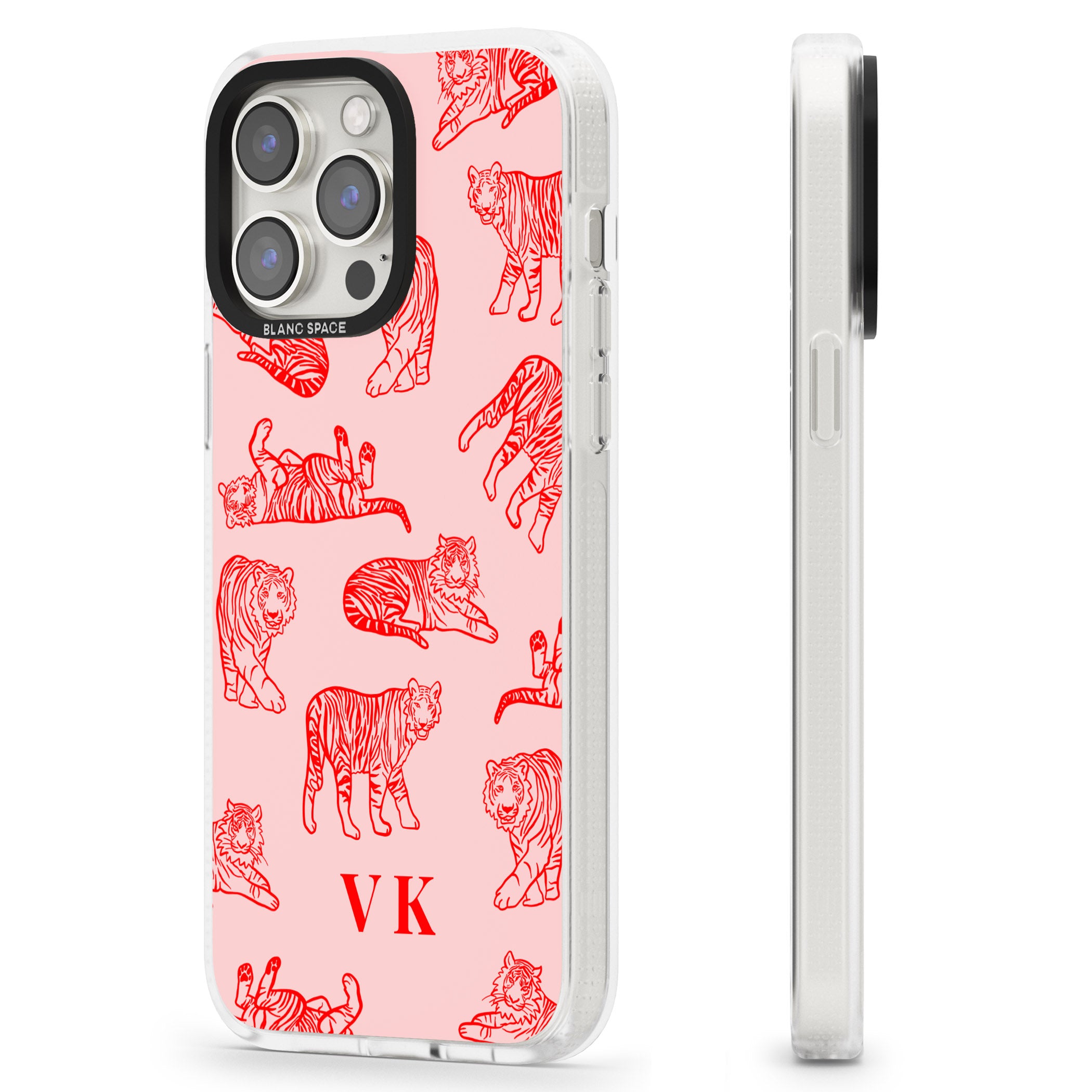 Personalised Red Tiger Outlines on Pink iPhone 15 Pro Max / 15 Pro / 14 Pro Max / 14 Pro / 13 Pro Clear Case Impact Air - Blanc Space