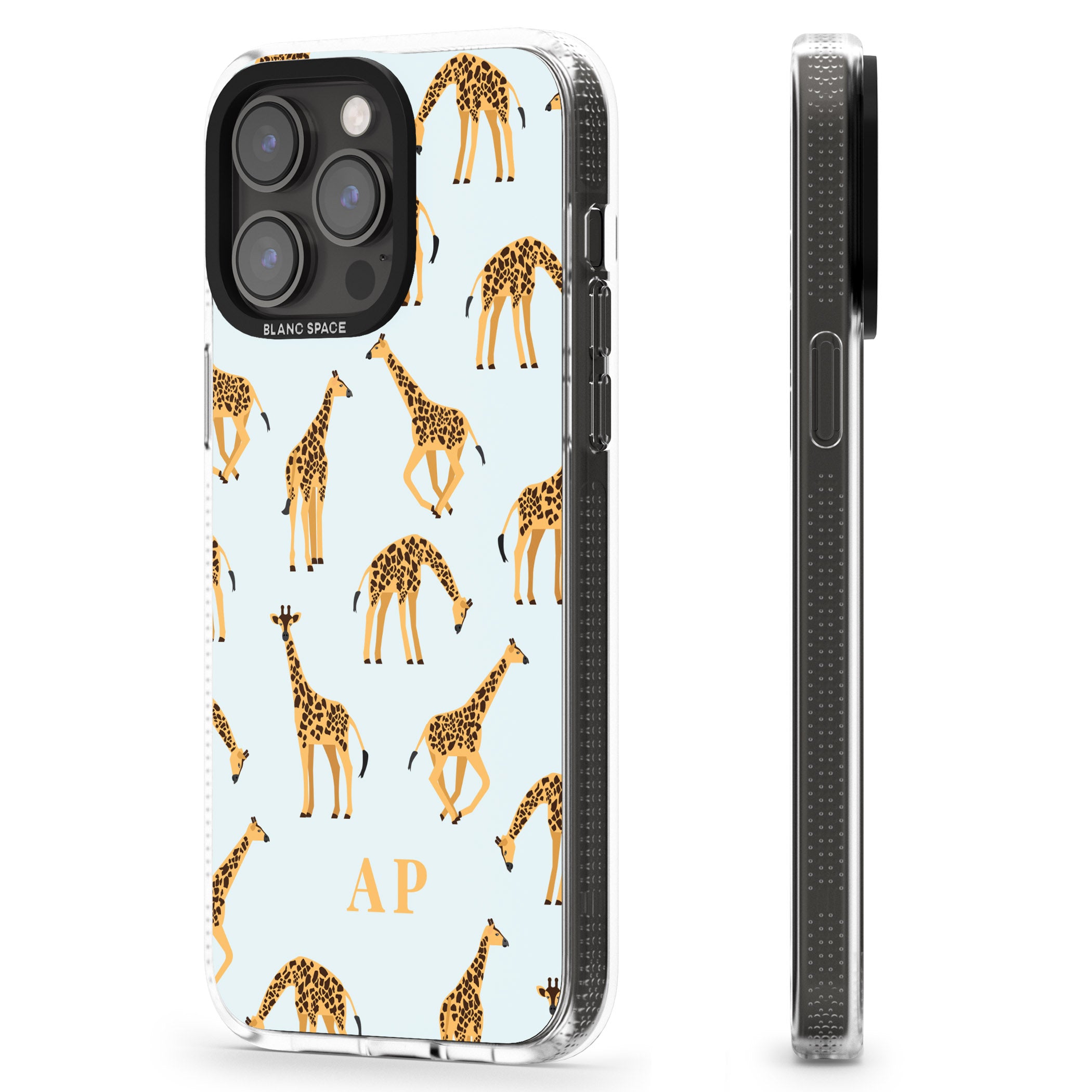 Personalised Safari Giraffe Pattern on Blue iPhone 15 Pro Max / 15 Pro / 14 Pro Max / 14 Pro / 13 Pro Clear Case Impact Air - Blanc Space
