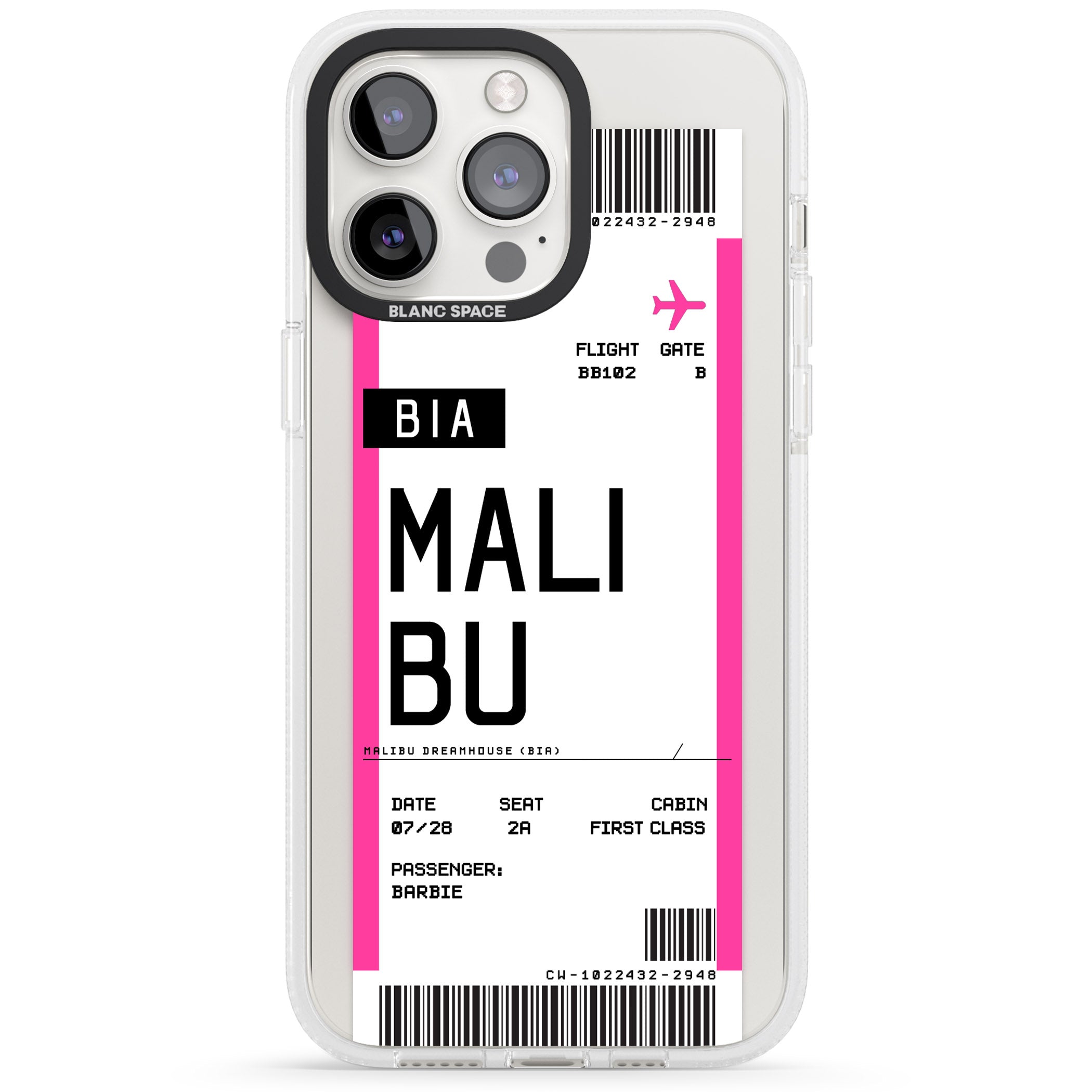 Personalised Pink Malibu Boarding Pass iPhone 15 Pro Max / 15 Pro / 14 Pro Max / 14 Pro / 13 Pro Clear Case Impact Air - Blanc Space