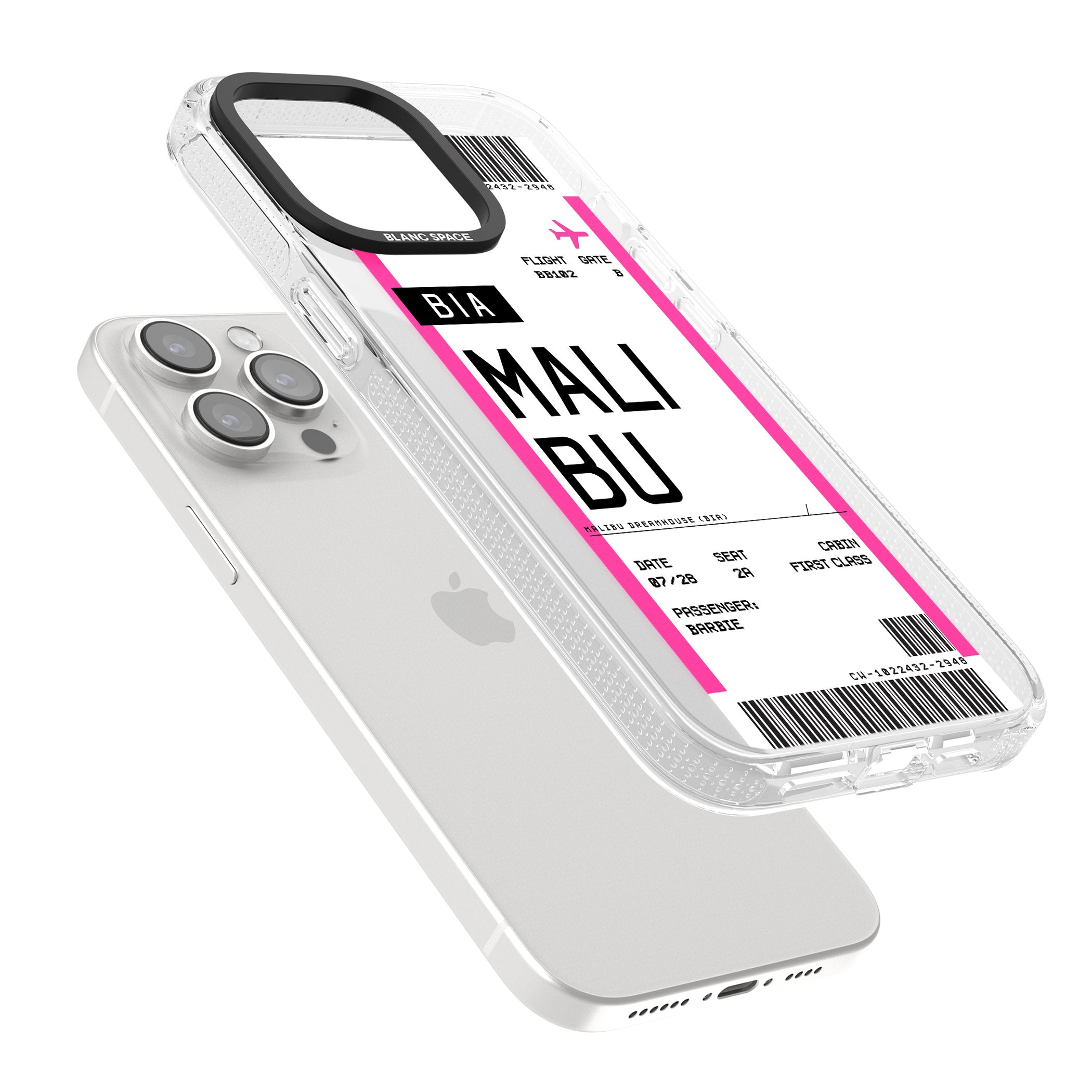 Personalised Pink Malibu Boarding Pass iPhone 15 Pro Max / 15 Pro / 14 Pro Max / 14 Pro / 13 Pro Clear Case Impact Air - Blanc Space