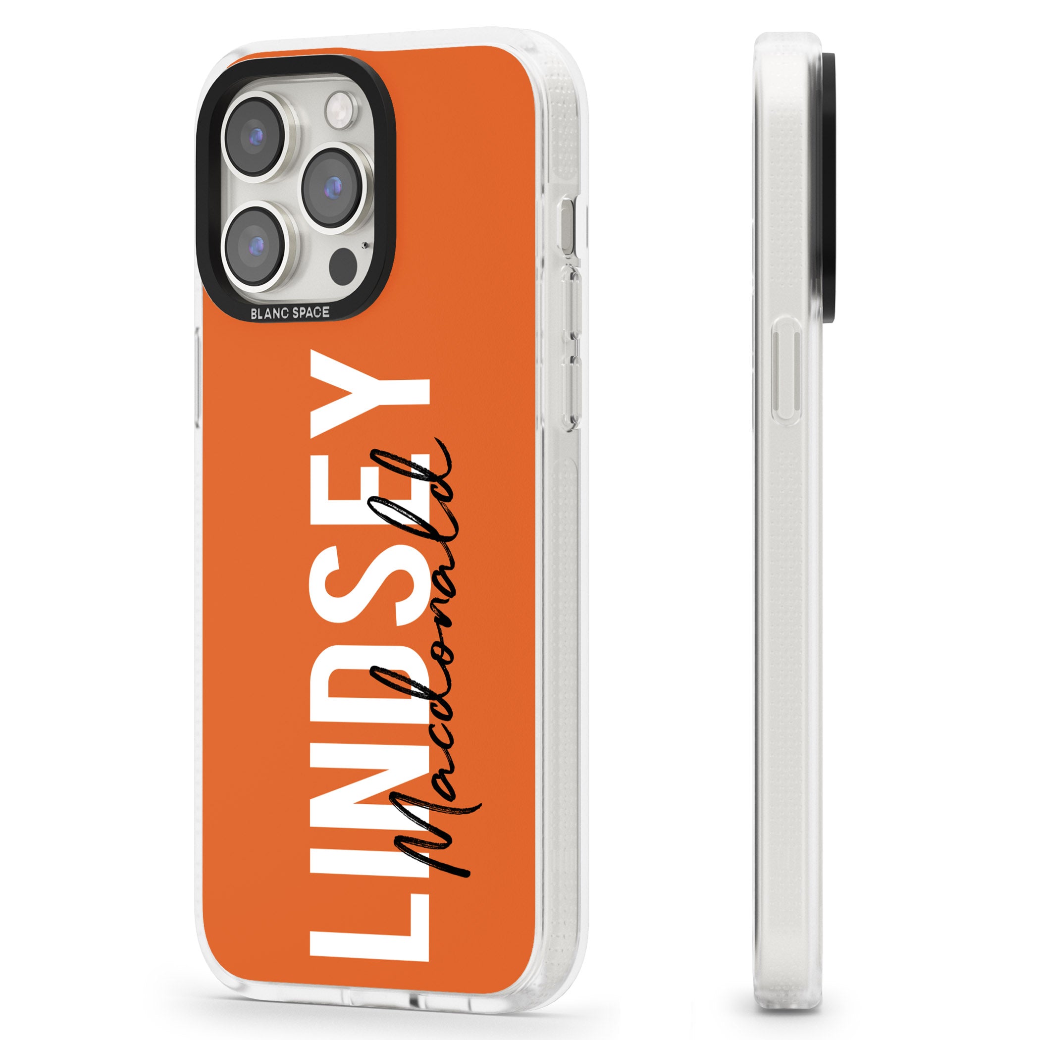 Personalised Bold Name: Orange iPhone 15 Pro Max / 15 Pro / 14 Pro Max / 14 Pro / 13 Pro Clear Case Impact Air - Blanc Space