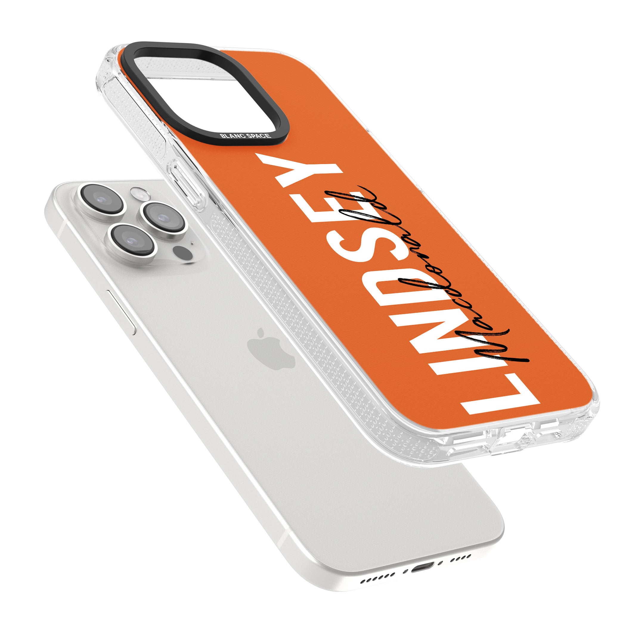 Personalised Bold Name: Orange iPhone 15 Pro Max / 15 Pro / 14 Pro Max / 14 Pro / 13 Pro Clear Case Impact Air - Blanc Space