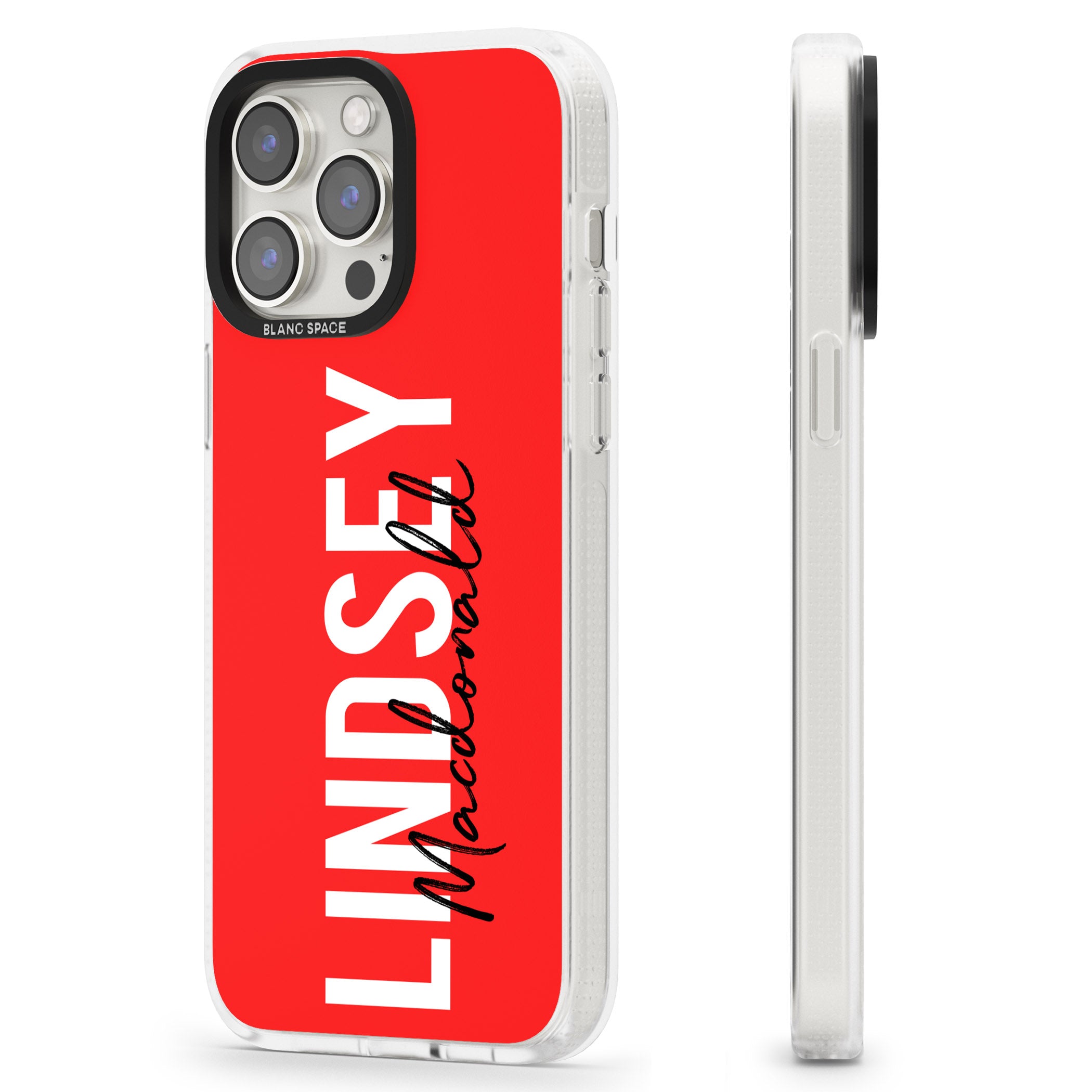 Personalised Bold Name: Red iPhone 15 Pro Max / 15 Pro / 14 Pro Max / 14 Pro / 13 Pro Clear Case Impact Air - Blanc Space