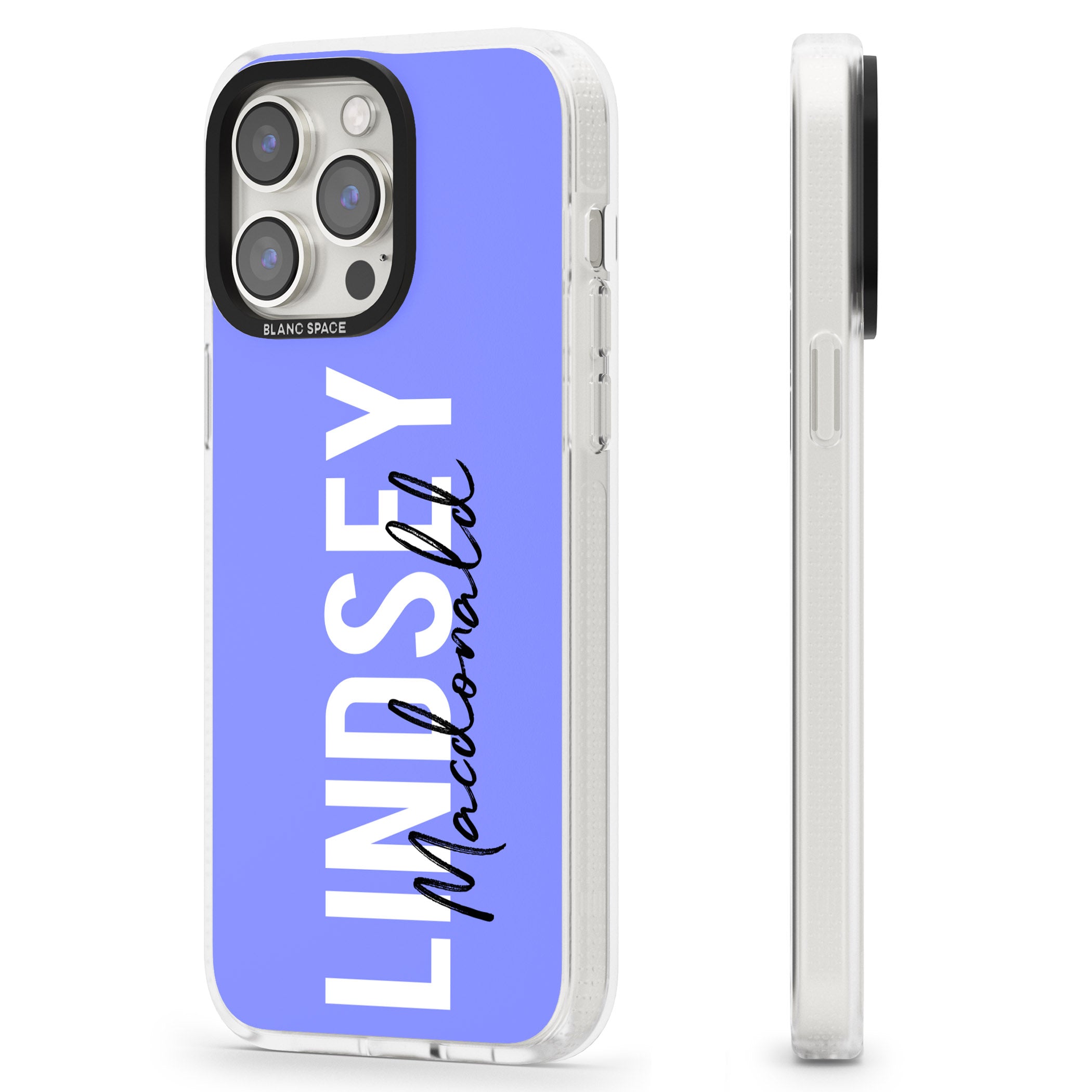 Personalised Bold Name: Purple iPhone 15 Pro Max / 15 Pro / 14 Pro Max / 14 Pro / 13 Pro Clear Case Impact Air - Blanc Space