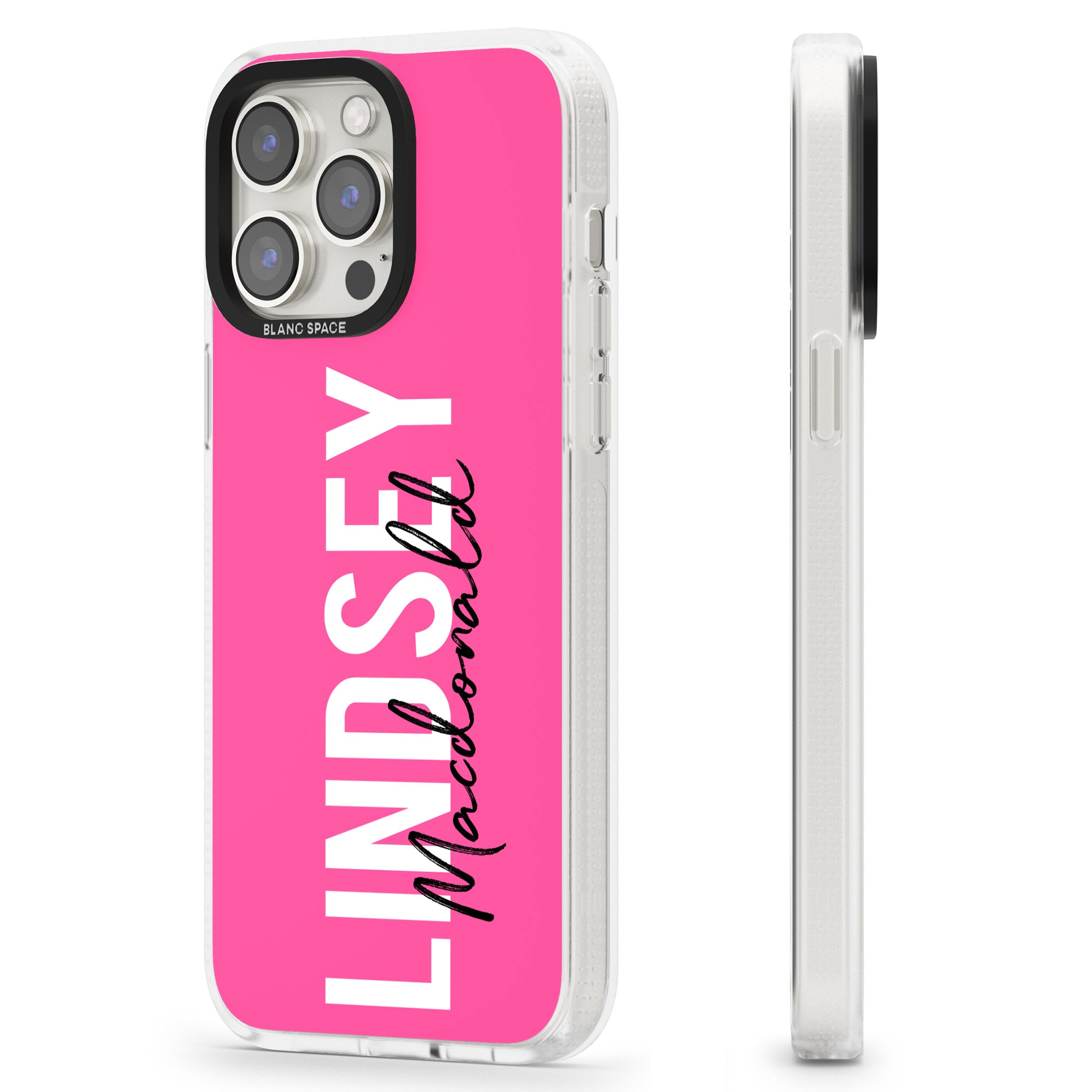 Personalised Bold Name: Pink iPhone 15 Pro Max / 15 Pro / 14 Pro Max / 14 Pro / 13 Pro Clear Case Impact Air - Blanc Space