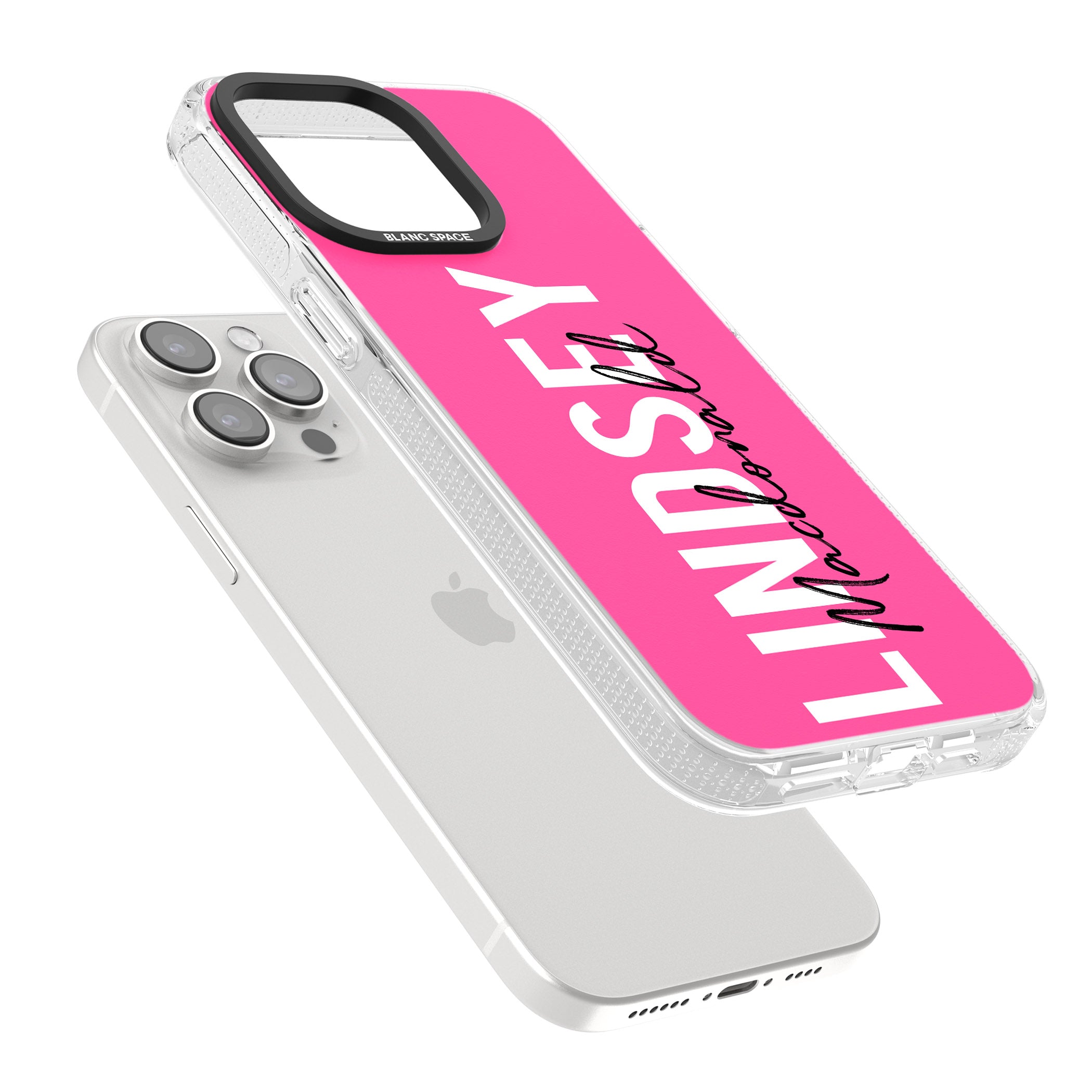 Personalised Bold Name: Pink iPhone 15 Pro Max / 15 Pro / 14 Pro Max / 14 Pro / 13 Pro Clear Case Impact Air - Blanc Space