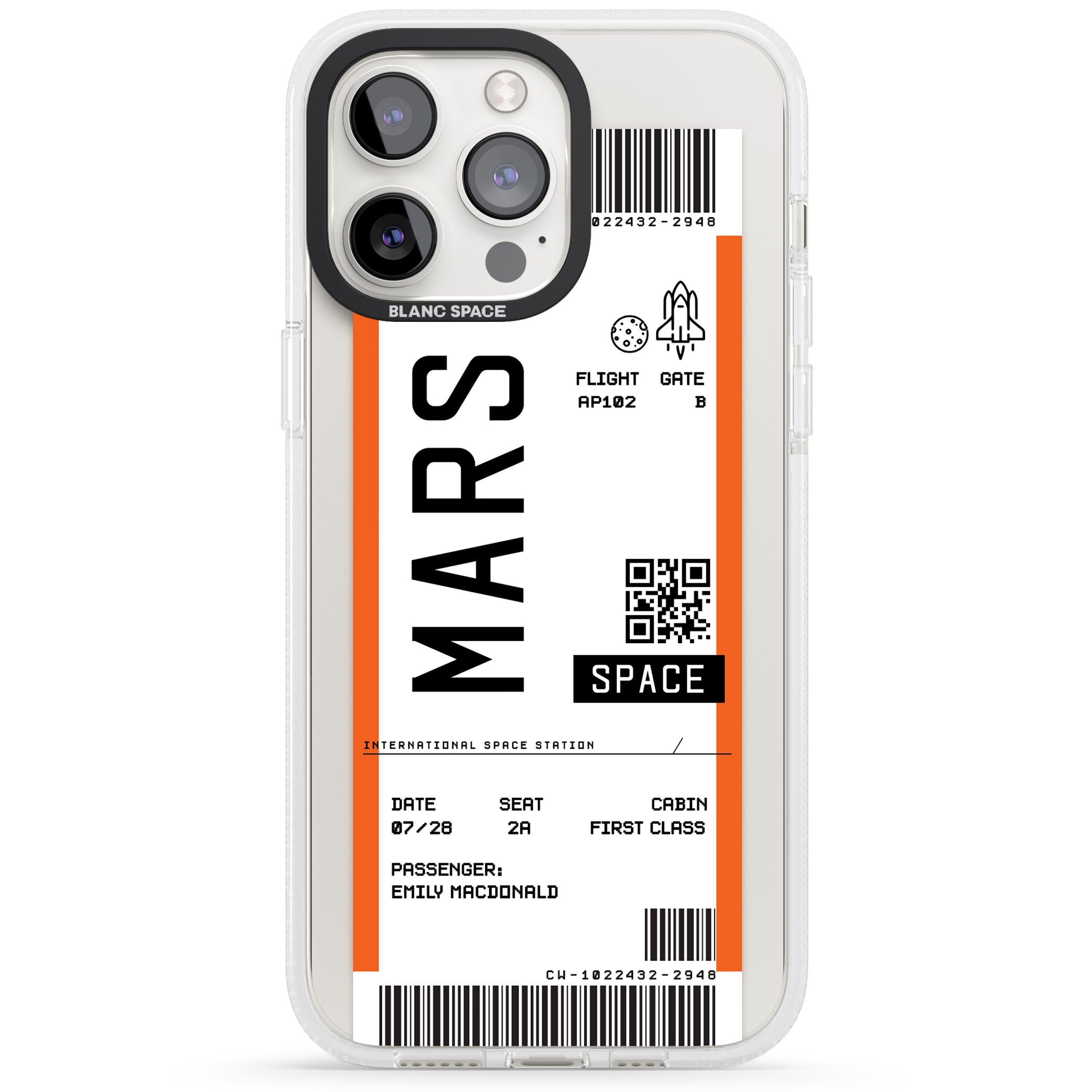 Personalised Mars Space Travel Ticket iPhone 15 Pro Max / 15 Pro / 14 Pro Max / 14 Pro / 13 Pro Clear Case Impact Air - Blanc Space