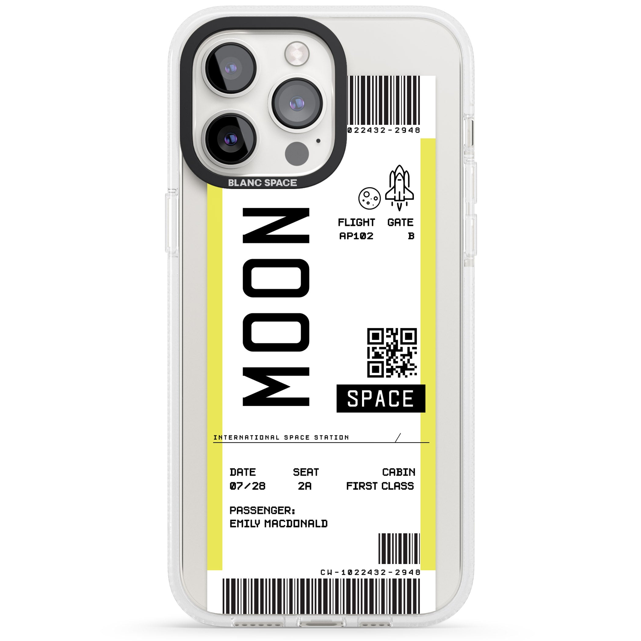 Personalised Moon Space Travel Ticket iPhone 15 Pro Max / 15 Pro / 14 Pro Max / 14 Pro / 13 Pro Clear Case Impact Air - Blanc Space