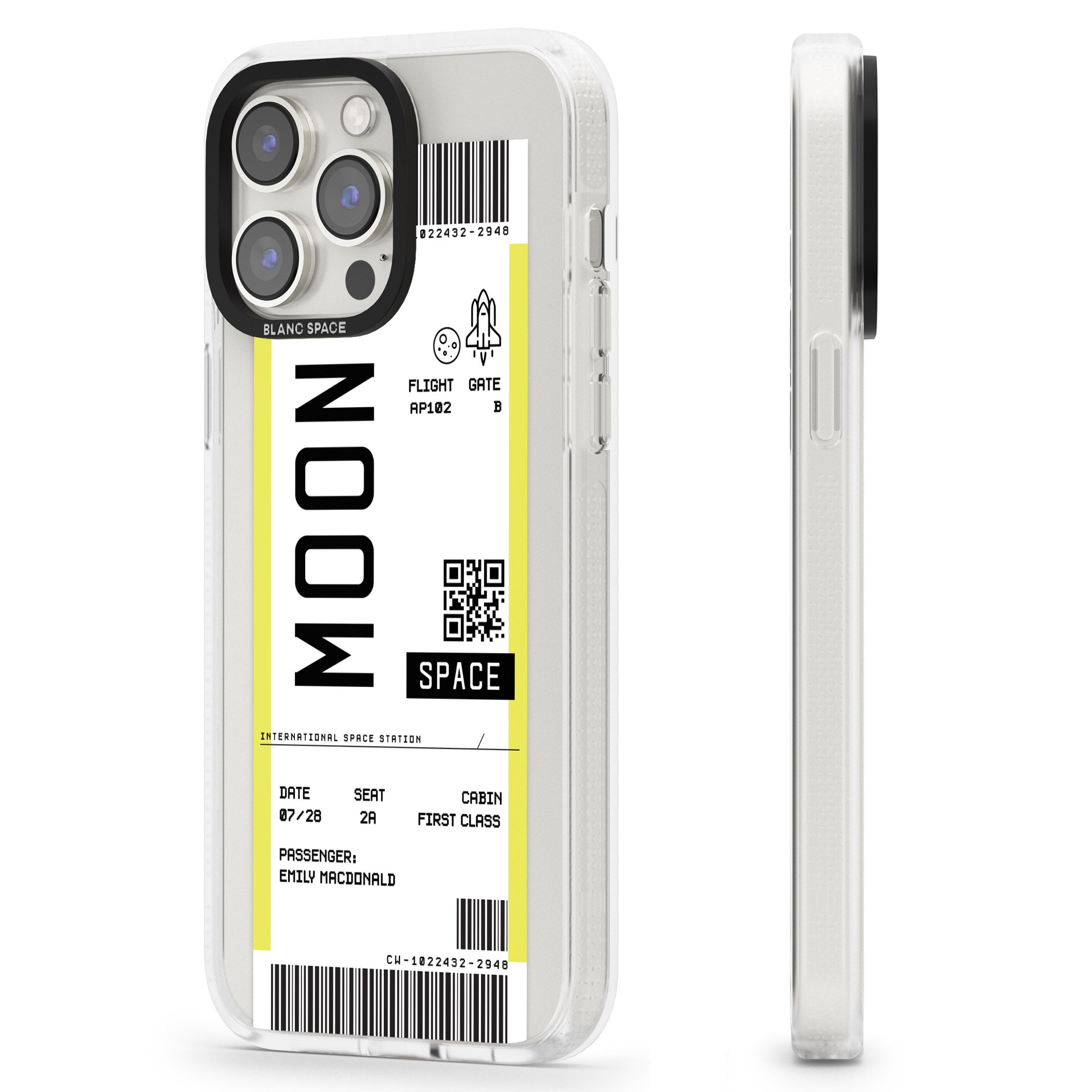 Personalised Moon Space Travel Ticket iPhone 15 Pro Max / 15 Pro / 14 Pro Max / 14 Pro / 13 Pro Clear Case Impact Air - Blanc Space